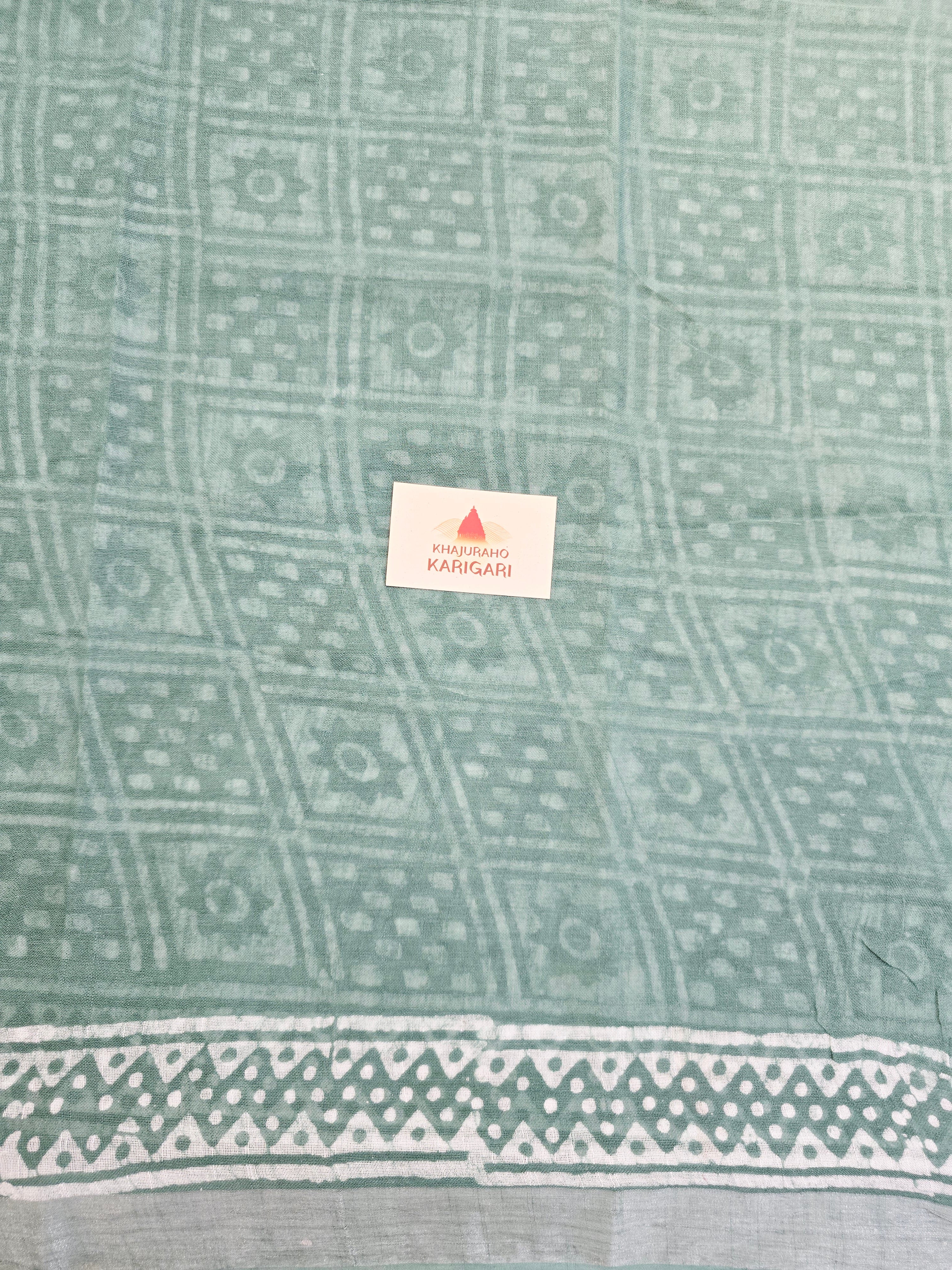 Handcrafted Linen Saree with Hand Block Hot Wax Batik - Sea Green