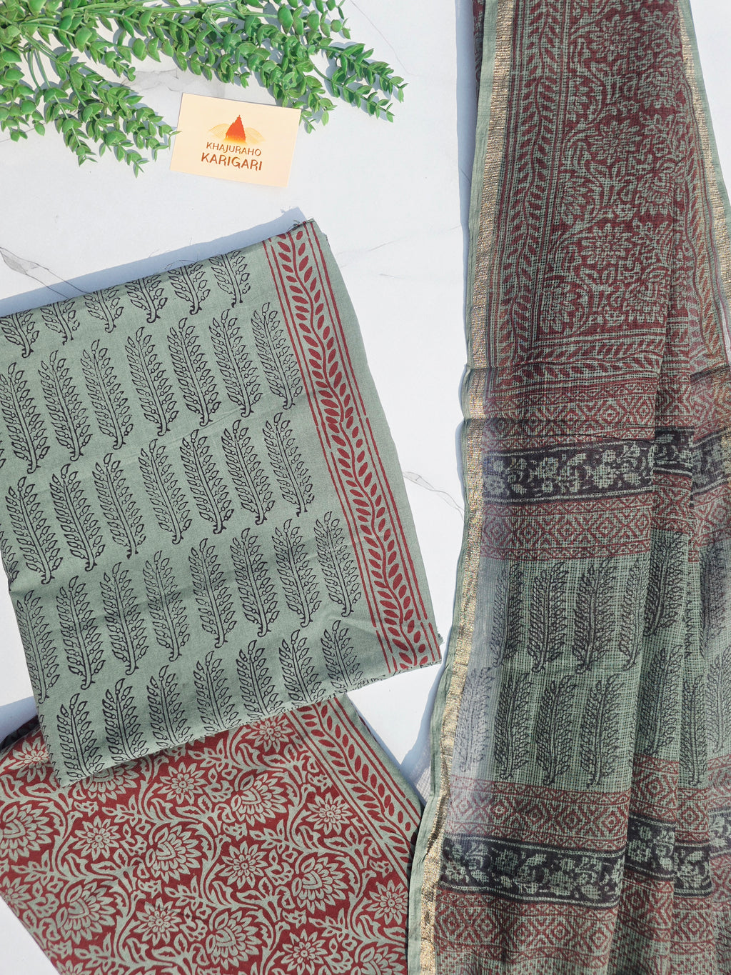 Natural Dyed Hand Block Print Cotton Suit Set with Kota Doria Dupatta