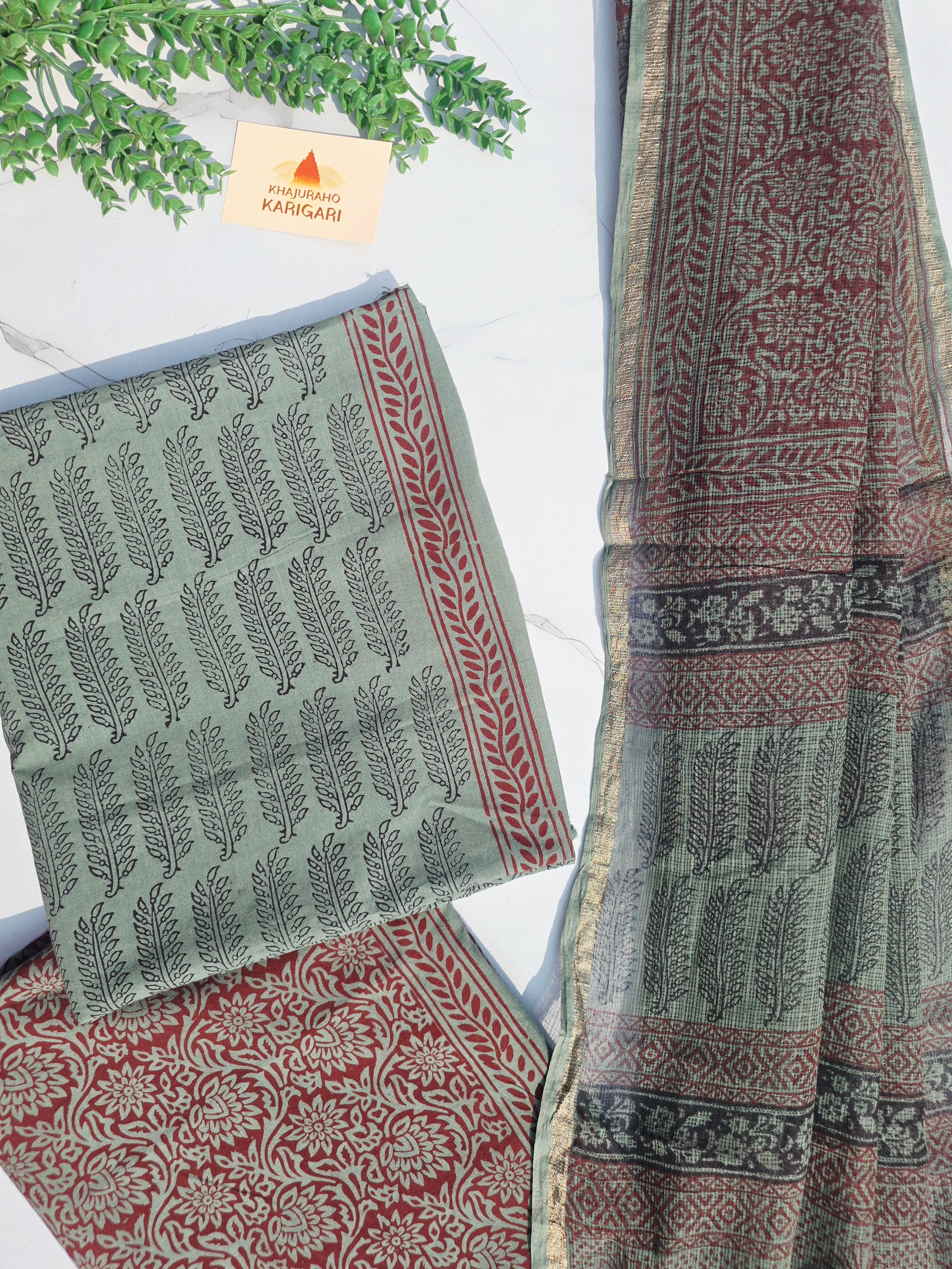 Natural Dyed Hand Block Print Cotton Suit Set with Kota Doria Dupatta
