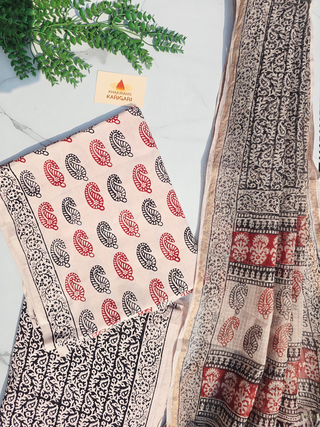 Natural Dyed Hand Block Print Cotton Suit Set with Kota Doria Dupatta