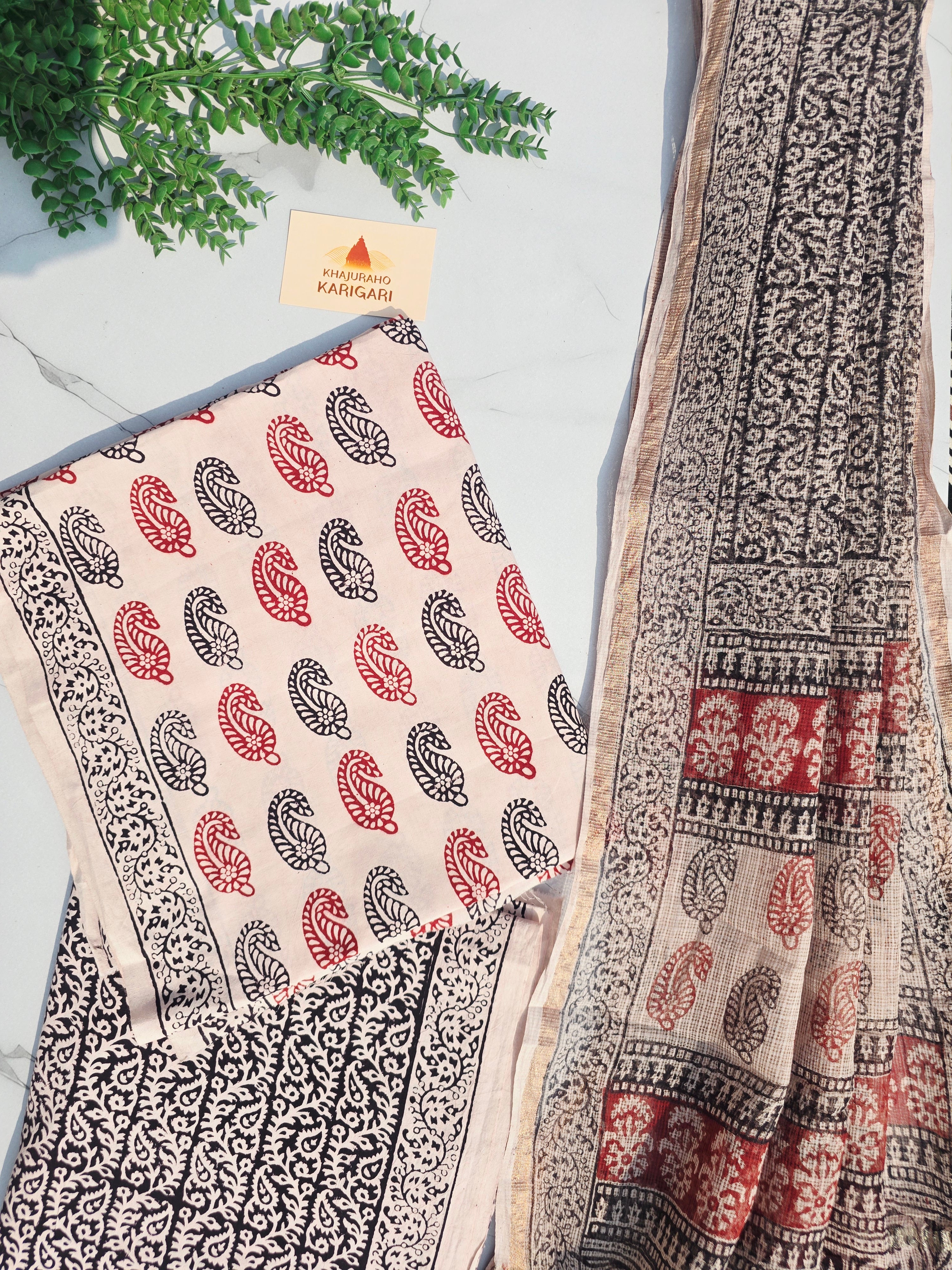 Natural Dyed Hand Block Print Cotton Suit Set with Kota Doria Dupatta