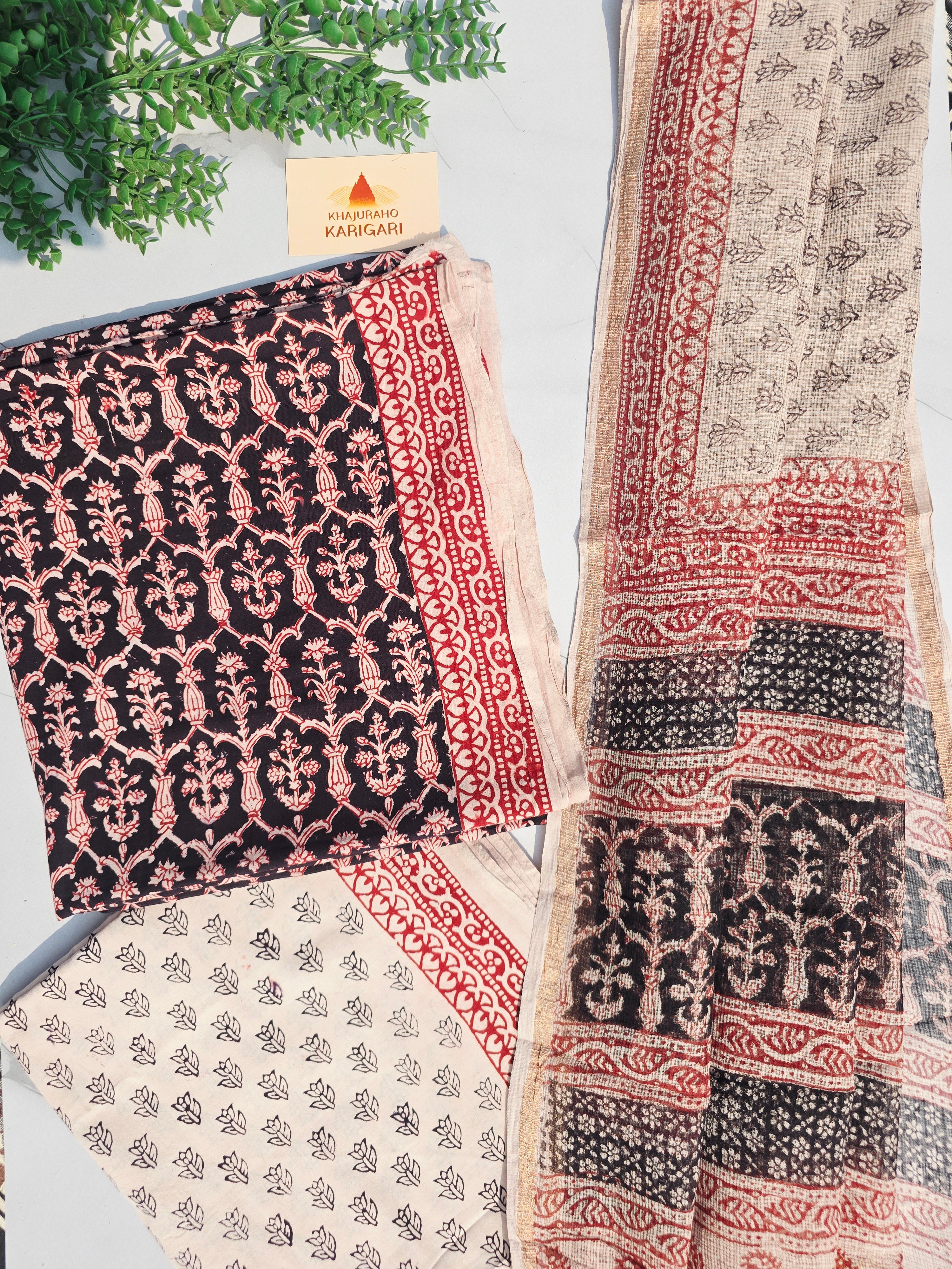 Natural Dyed Hand Block Print Cotton Suit Set with Kota Doria Dupatta