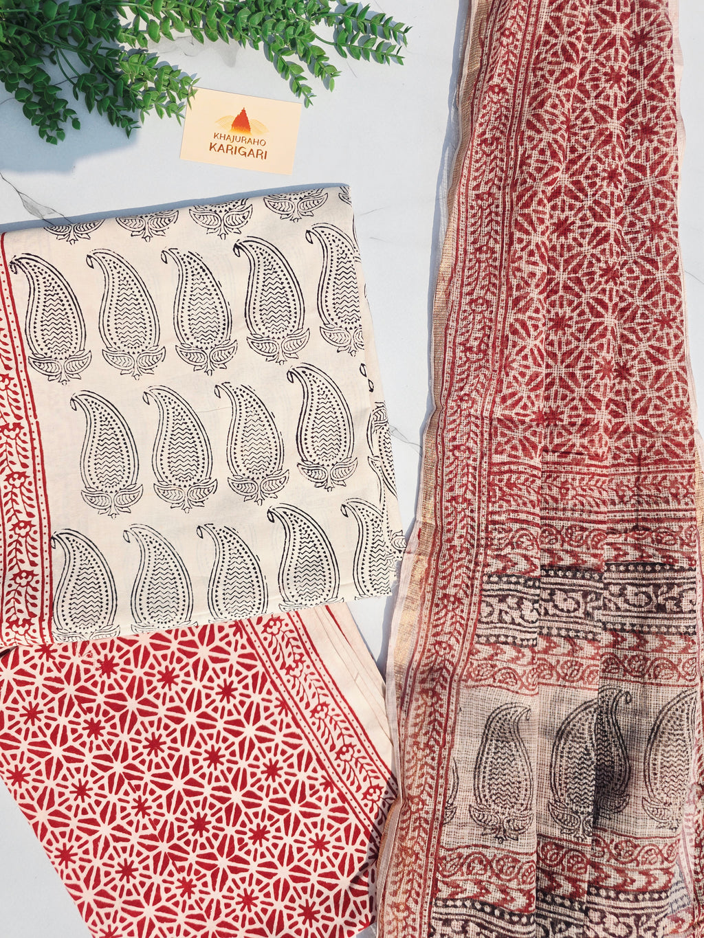 Natural Dyed Hand Block Print Cotton Suit Set with Kota Doria Dupatta