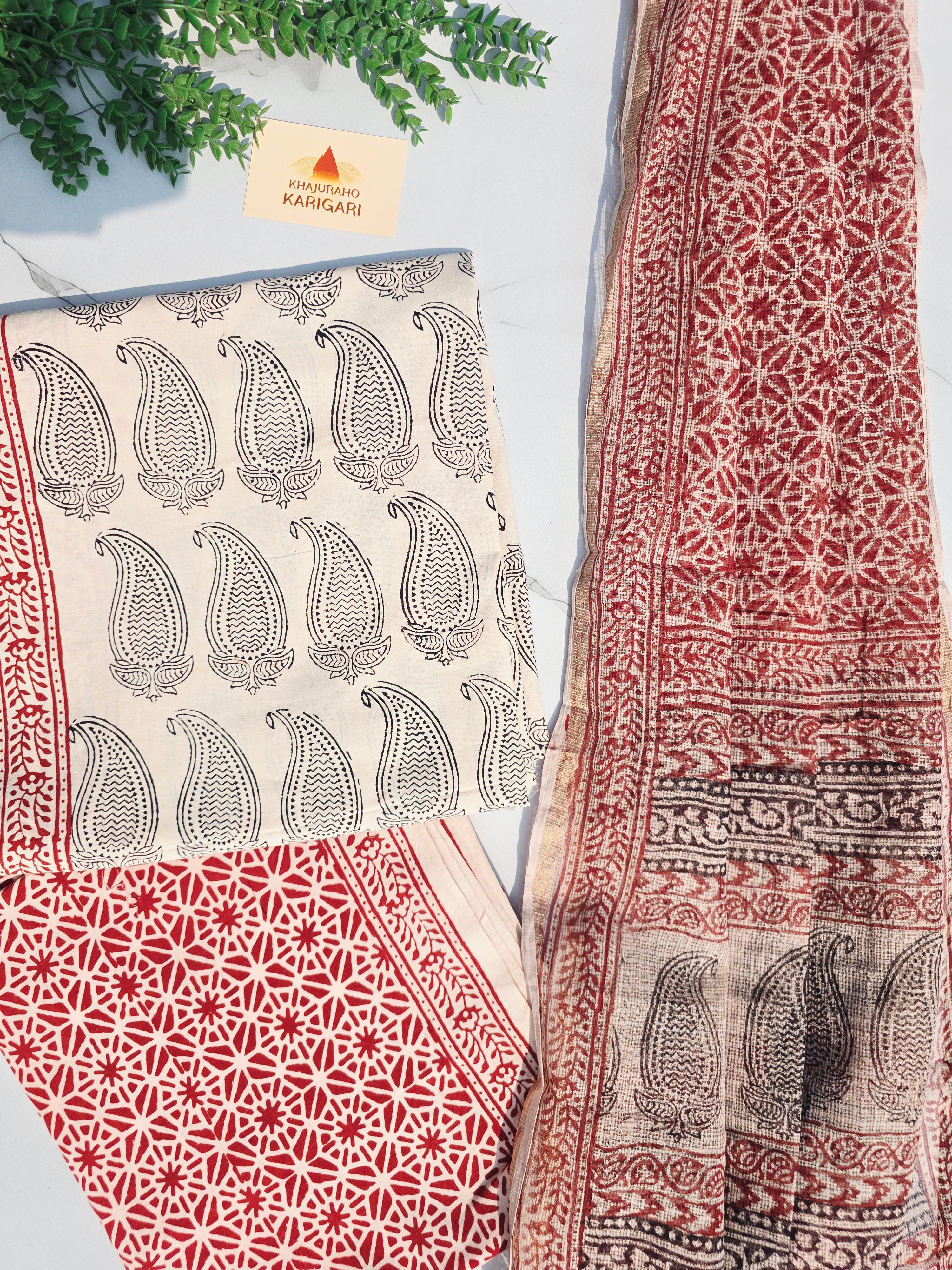 Natural Dyed Hand Block Print Cotton Suit Set with Kota Doria Dupatta