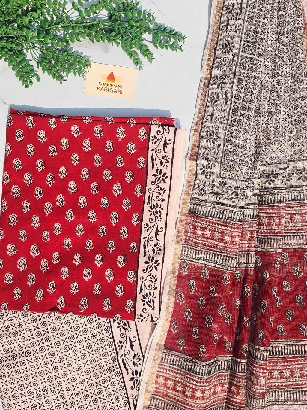 Natural Dyed Hand Block Print Cotton Suit Set with Kota Doria Dupatta