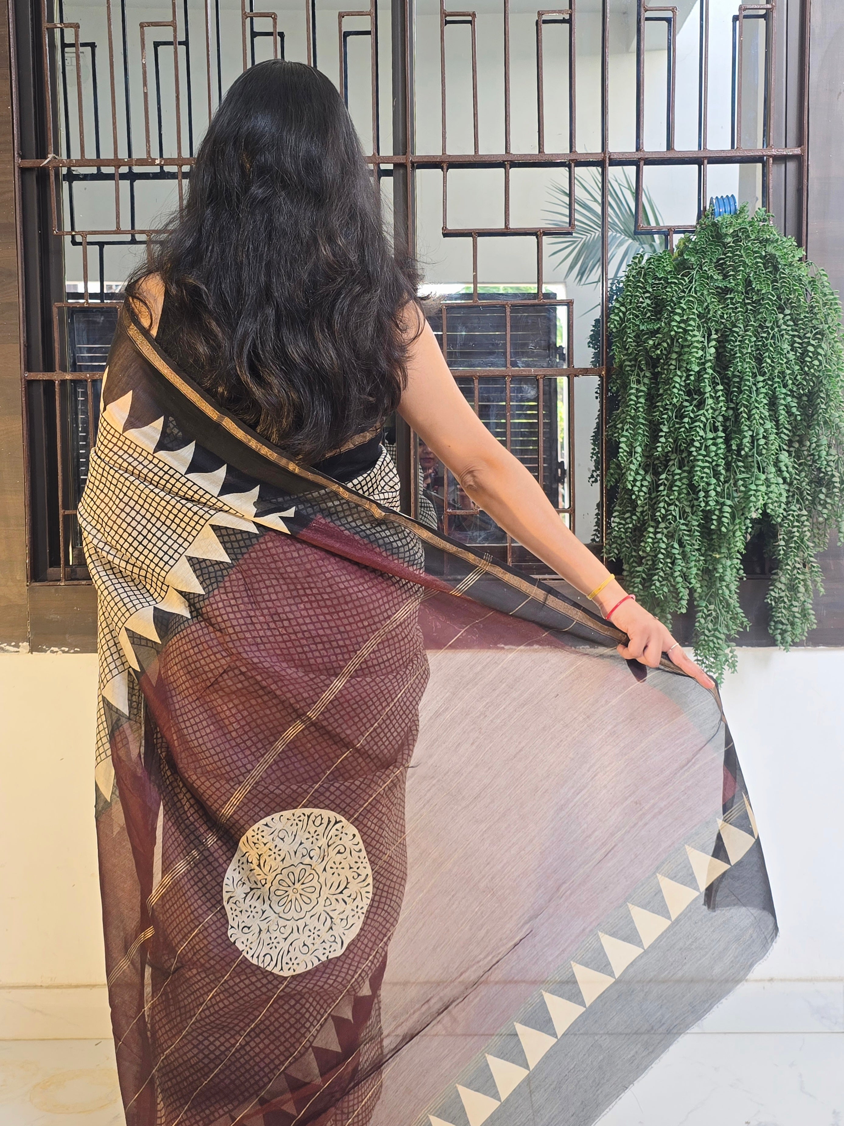 Handcrafted Bagru Hand Block Print Chanderi Saree - Black and Wine