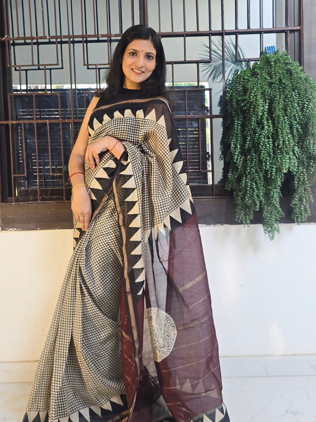 Handcrafted Bagru Hand Block Print Chanderi Saree - Black and Wine