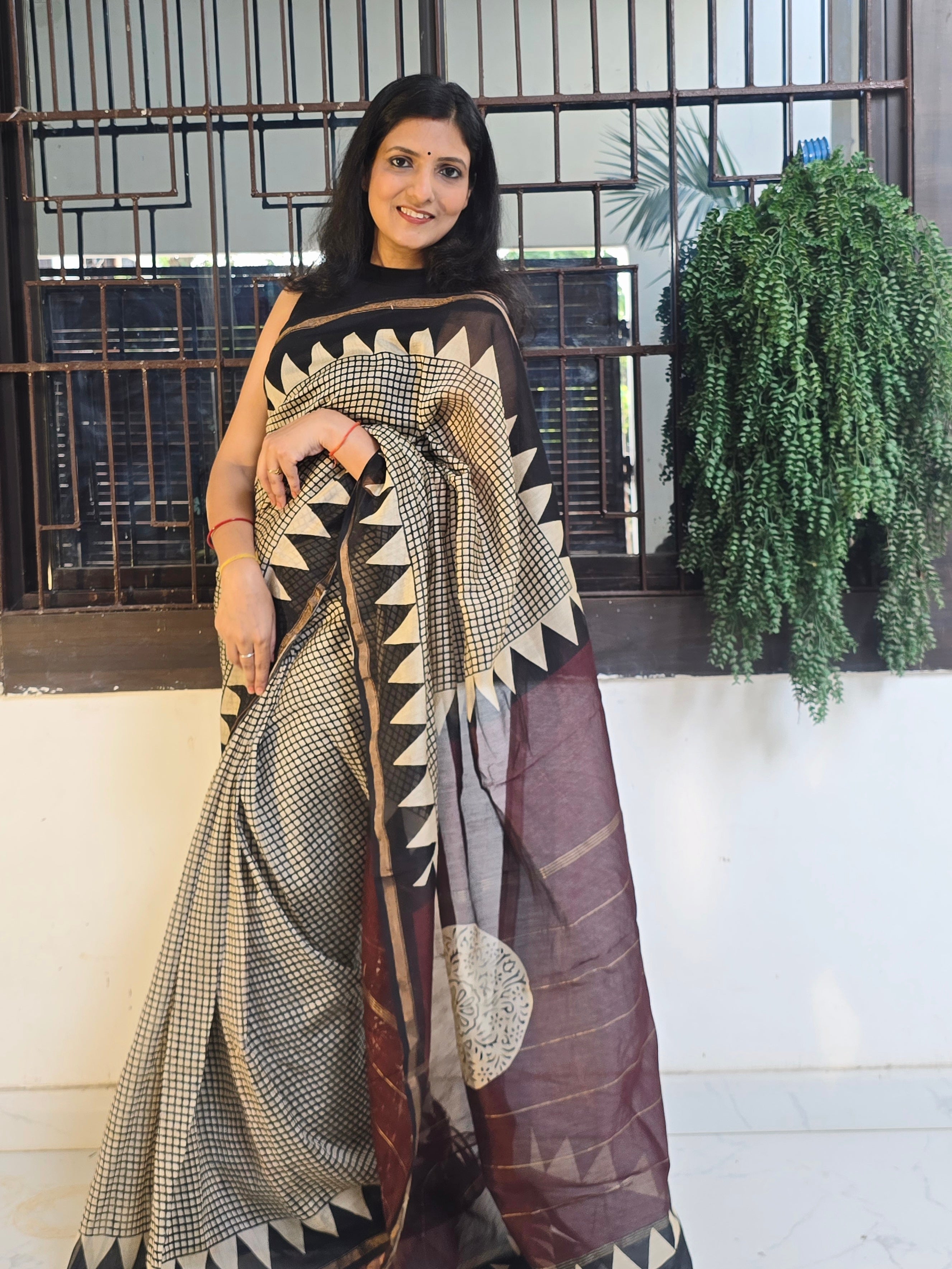 Handcrafted Bagru Hand Block Print Chanderi Saree - Black and Wine