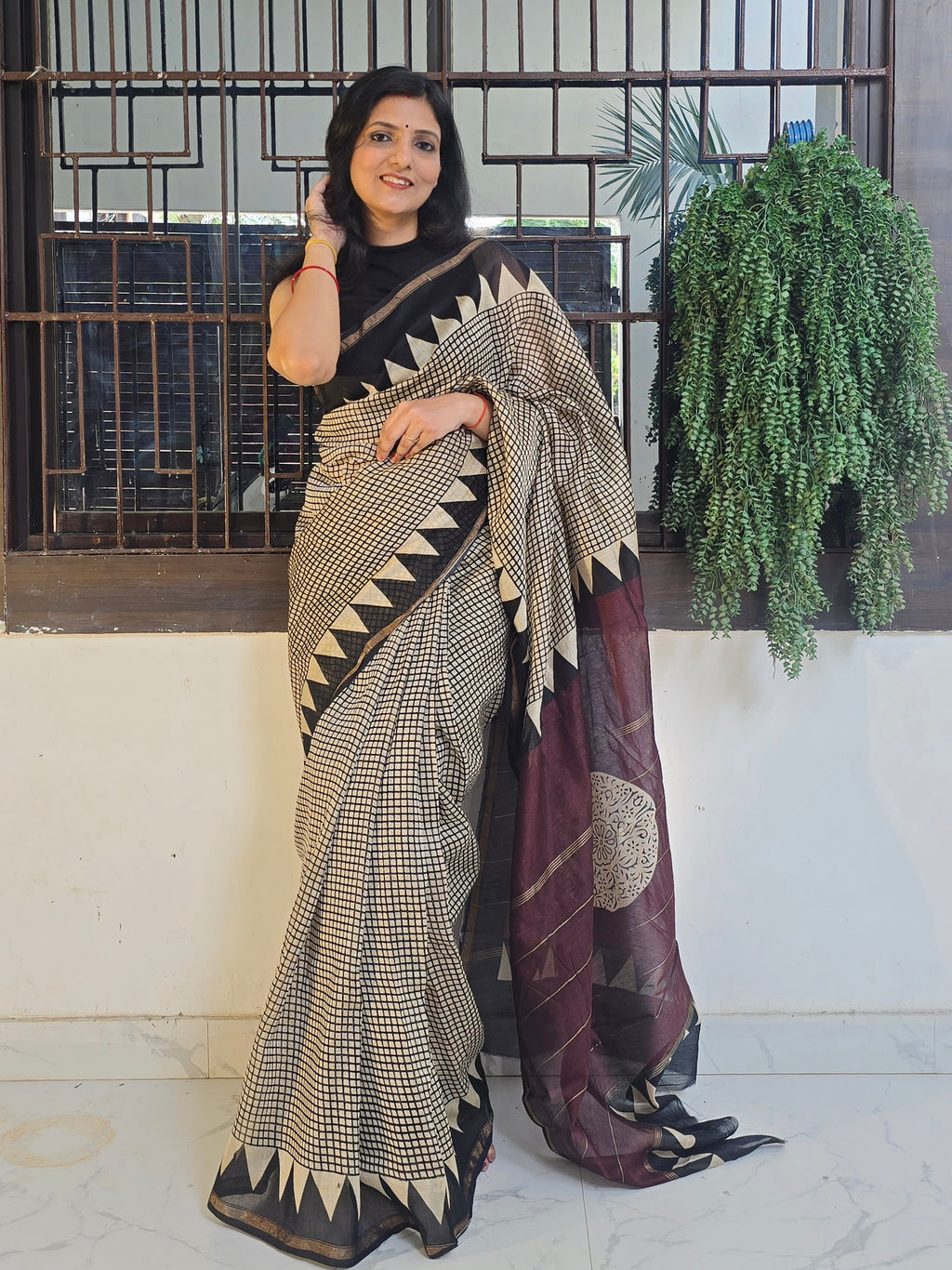 Handcrafted Bagru Hand Block Print Chanderi Saree - Black and Wine
