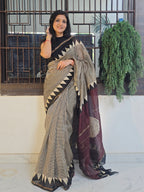 Handcrafted Bagru Hand Block Print Chanderi Saree - Black and Wine