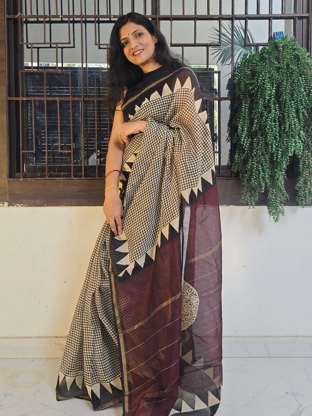 Handcrafted Bagru Hand Block Print Chanderi Saree - Black and Wine