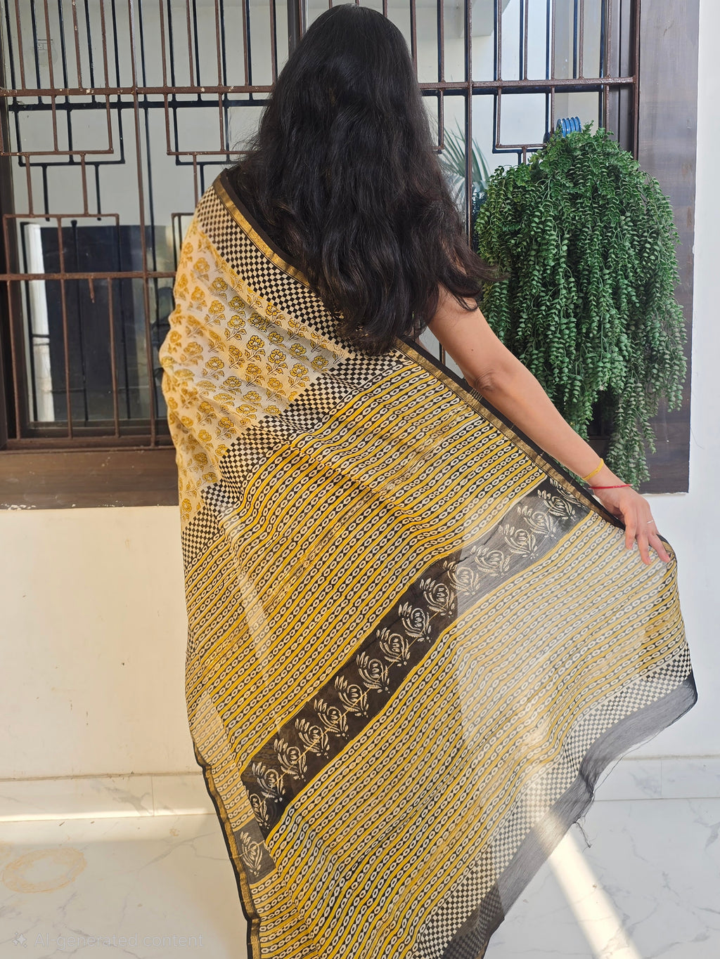 Handcrafted Bagru Hand Block Print Chanderi Saree - Yellow
