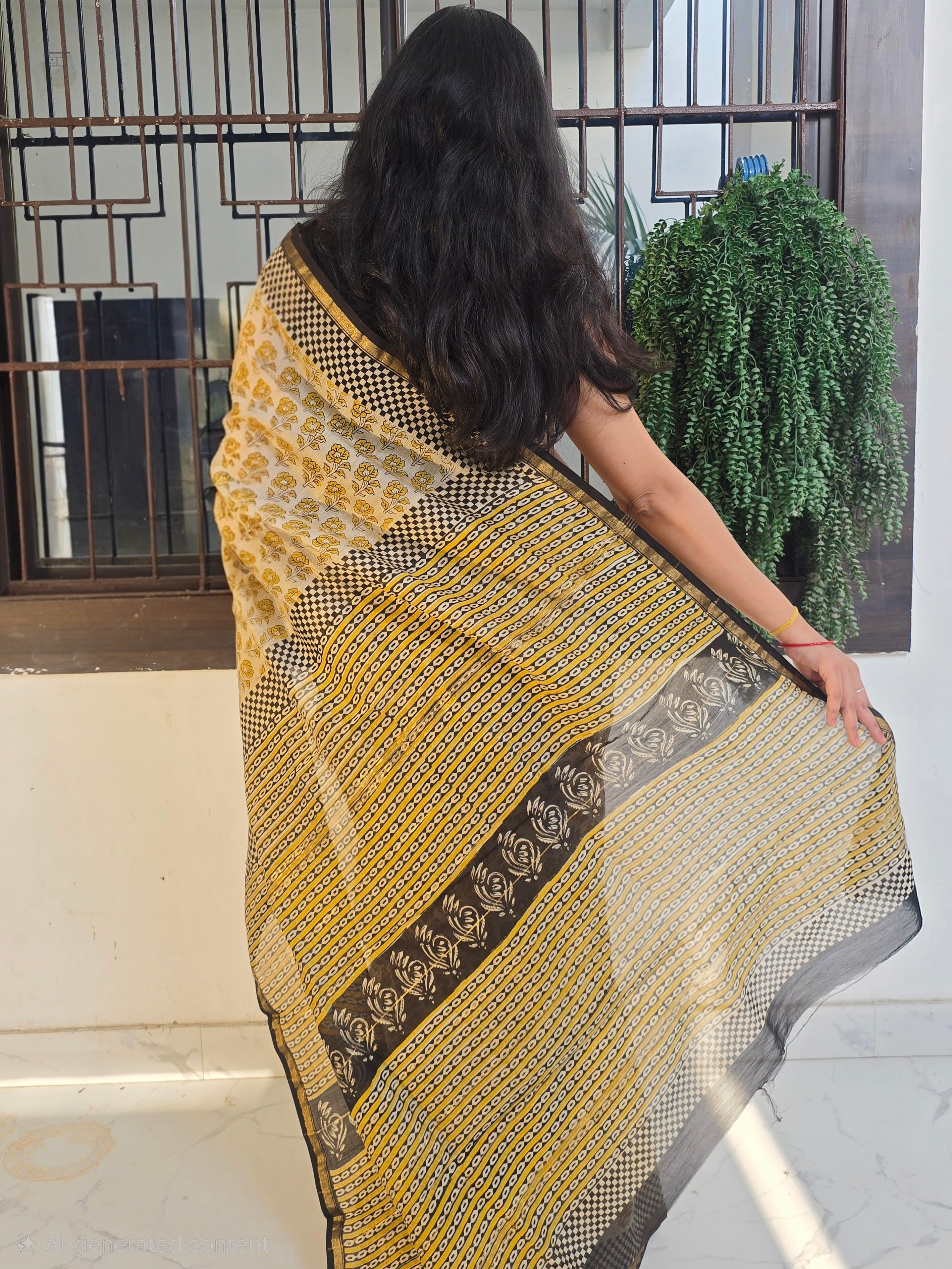 Handcrafted Bagru Hand Block Print Chanderi Saree - Yellow