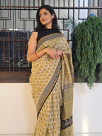 Handcrafted Bagru Hand Block Print Chanderi Saree - Yellow