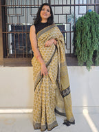 Handcrafted Bagru Hand Block Print Chanderi Saree - Yellow