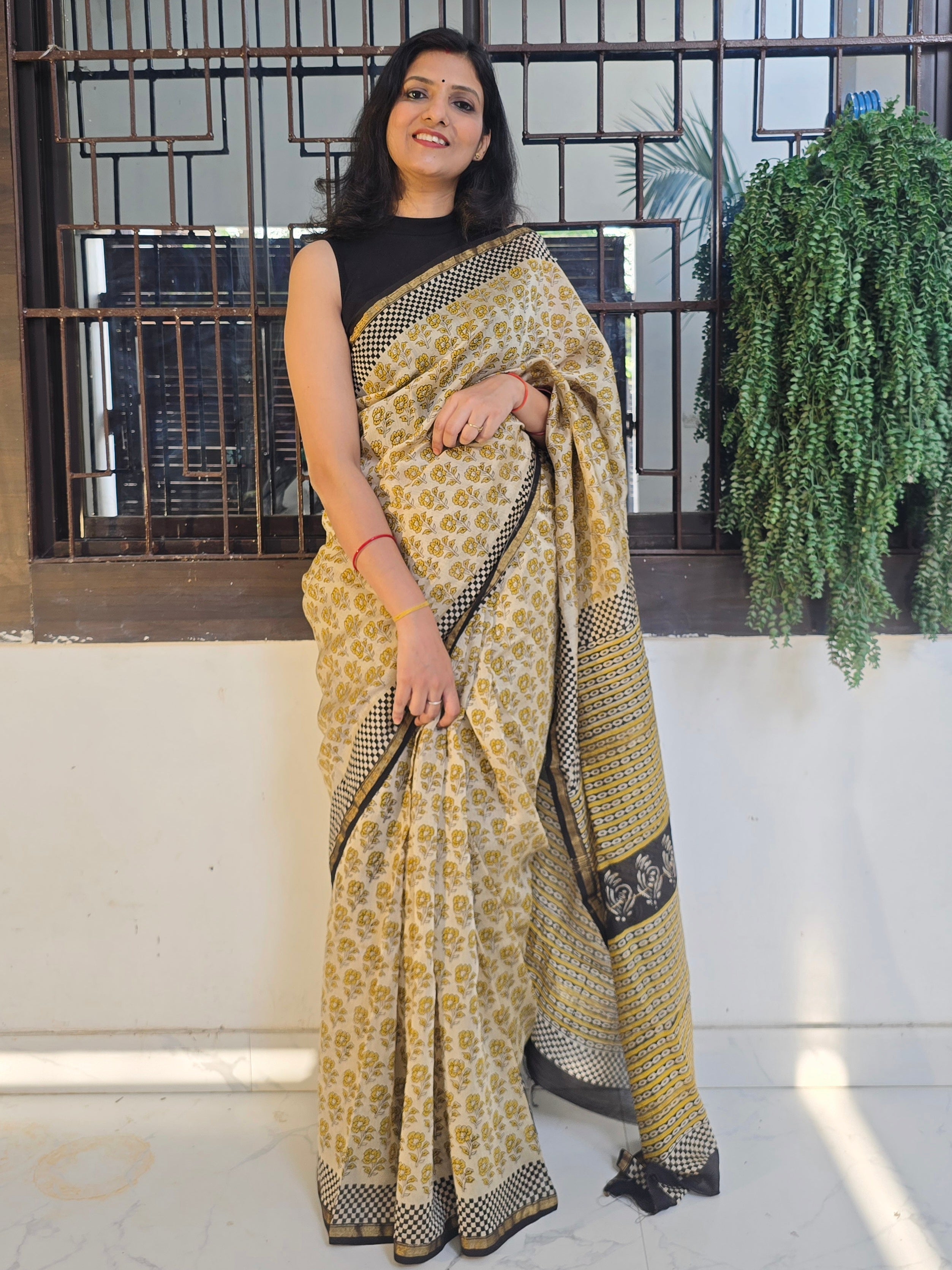 Handcrafted Bagru Hand Block Print Chanderi Saree - Yellow
