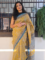 Handcrafted Bagru Hand Block Print Chanderi Saree - Yellow and Blue