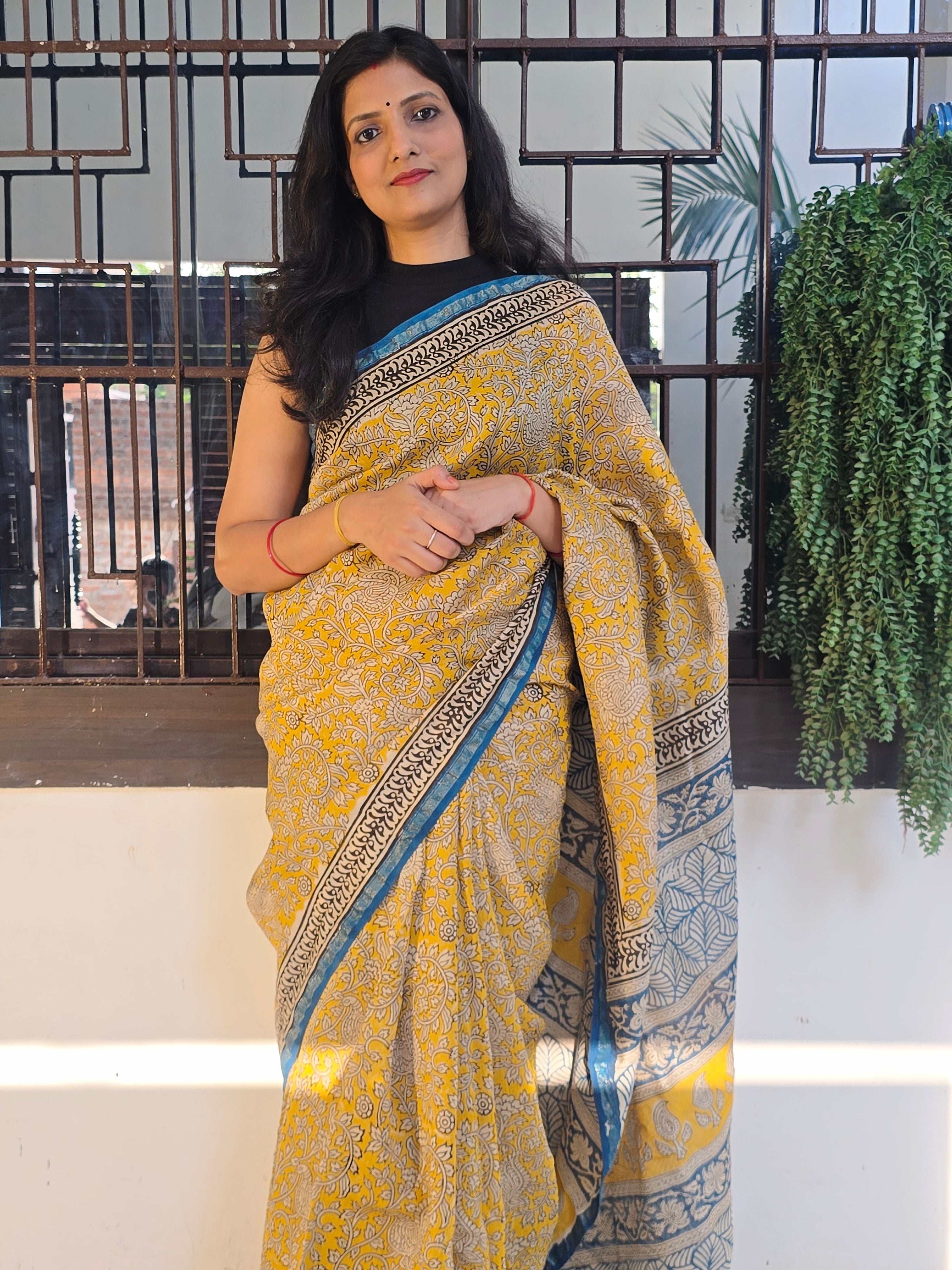 Handcrafted Bagru Hand Block Print Chanderi Saree - Yellow and Blue