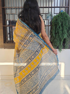 Handcrafted Bagru Hand Block Print Chanderi Saree - Yellow and Blue