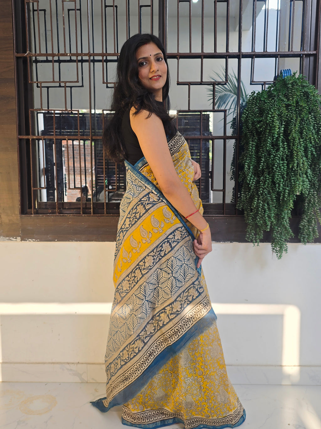 Handcrafted Bagru Hand Block Print Chanderi Saree - Yellow and Blue