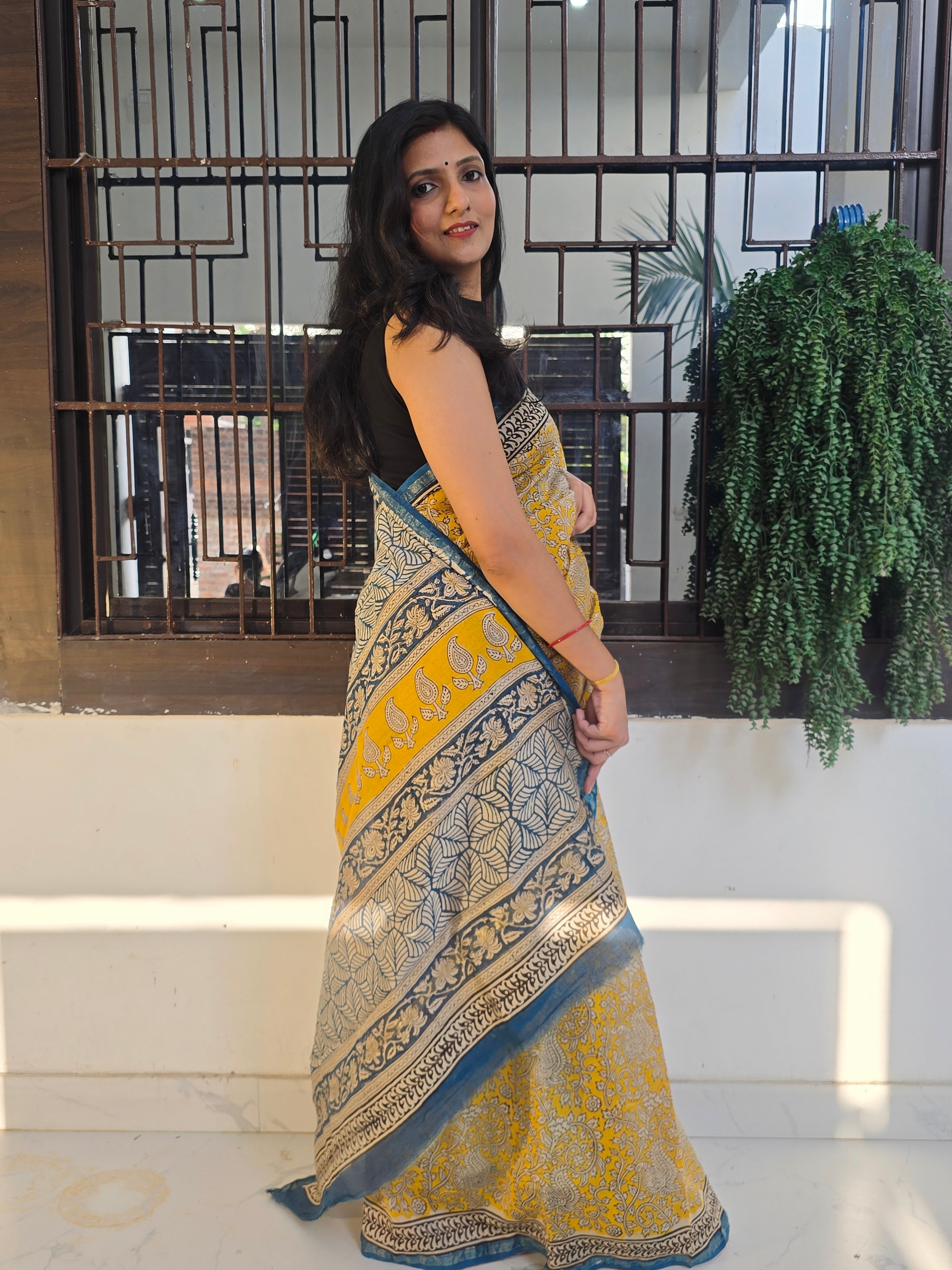 Handcrafted Bagru Hand Block Print Chanderi Saree - Yellow and Blue