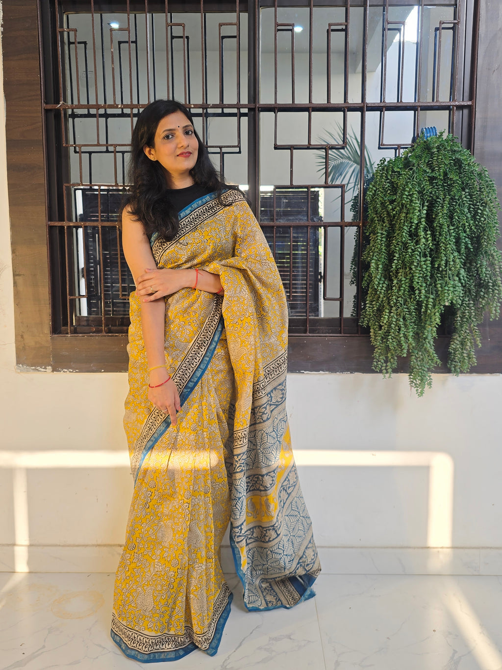 Handcrafted Bagru Hand Block Print Chanderi Saree - Yellow and Blue