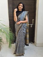 Handcrafted Bagru Hand Block Print Chanderi Saree - Blue and Black
