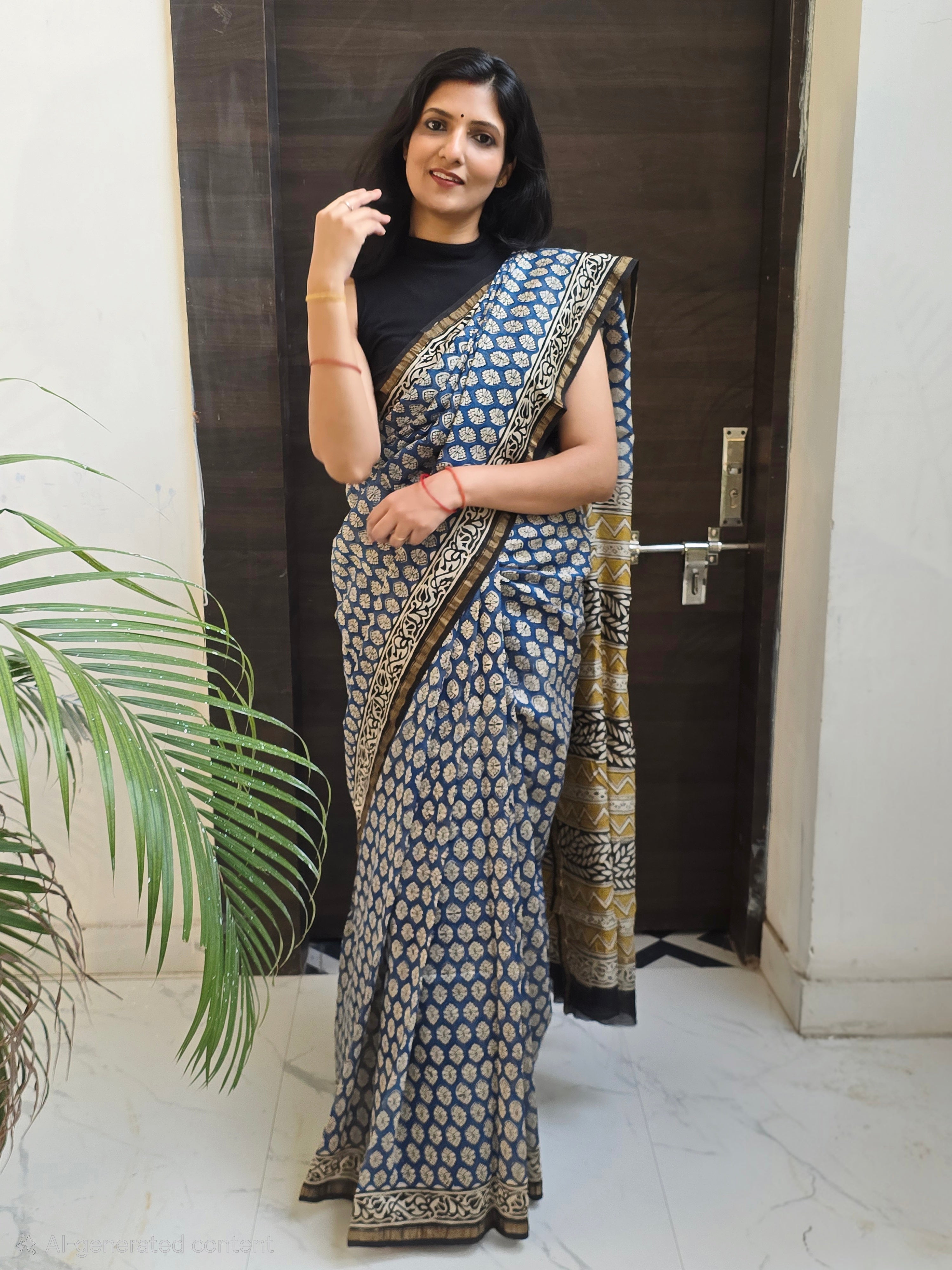 Handcrafted Bagru Hand Block Print Chanderi Saree - Blue and Black