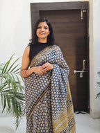 Handcrafted Bagru Hand Block Print Chanderi Saree - Blue and Black
