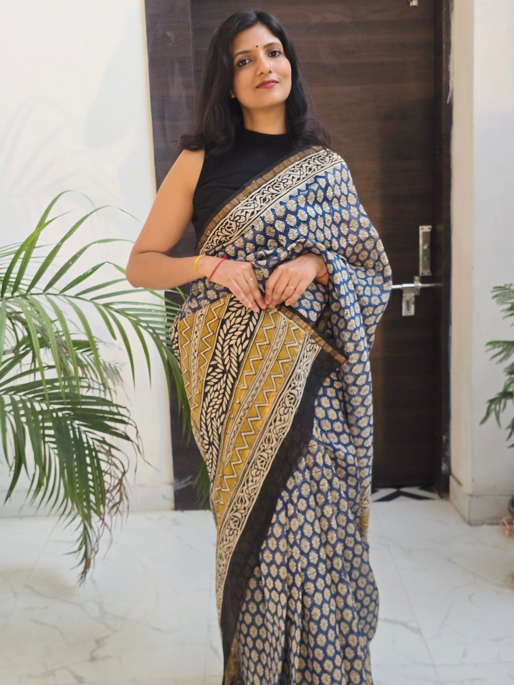 Handcrafted Bagru Hand Block Print Chanderi Saree - Blue and Black
