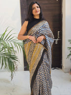 Handcrafted Bagru Hand Block Print Chanderi Saree - Blue and Black
