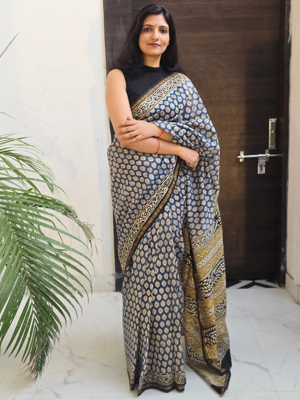 Handcrafted Bagru Hand Block Print Chanderi Saree - Blue and Black