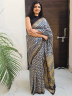 Handcrafted Bagru Hand Block Print Chanderi Saree - Blue and Black