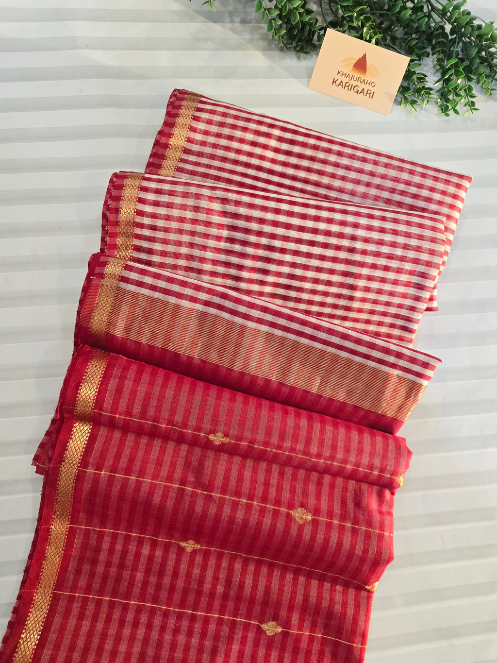 Pure Handwoven Maheshwari Check Saree in Red & White