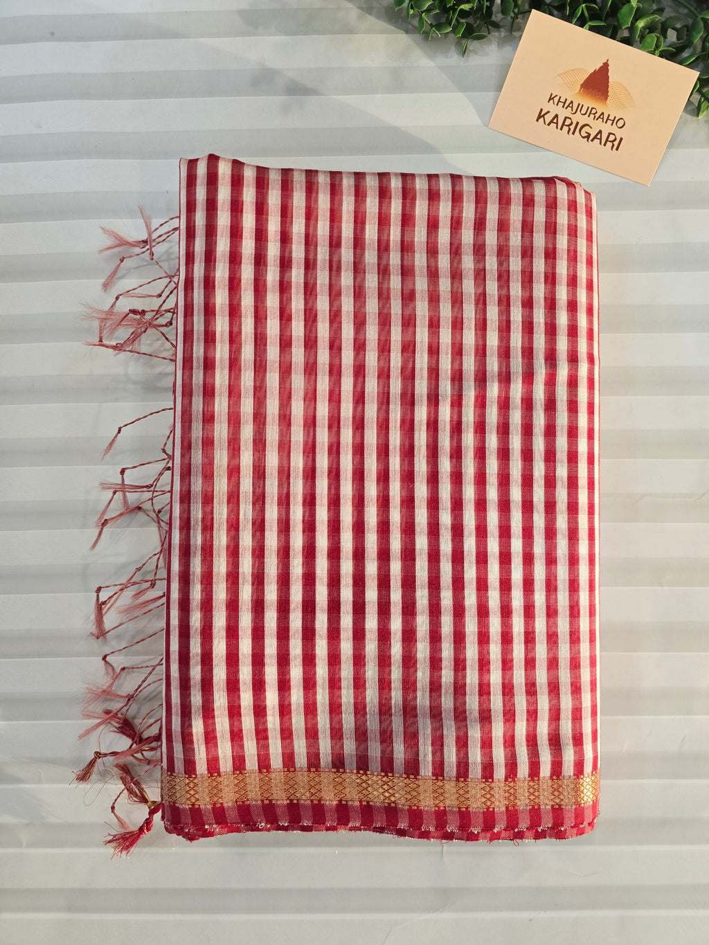 Pure Handwoven Maheshwari Check Saree in Red & White