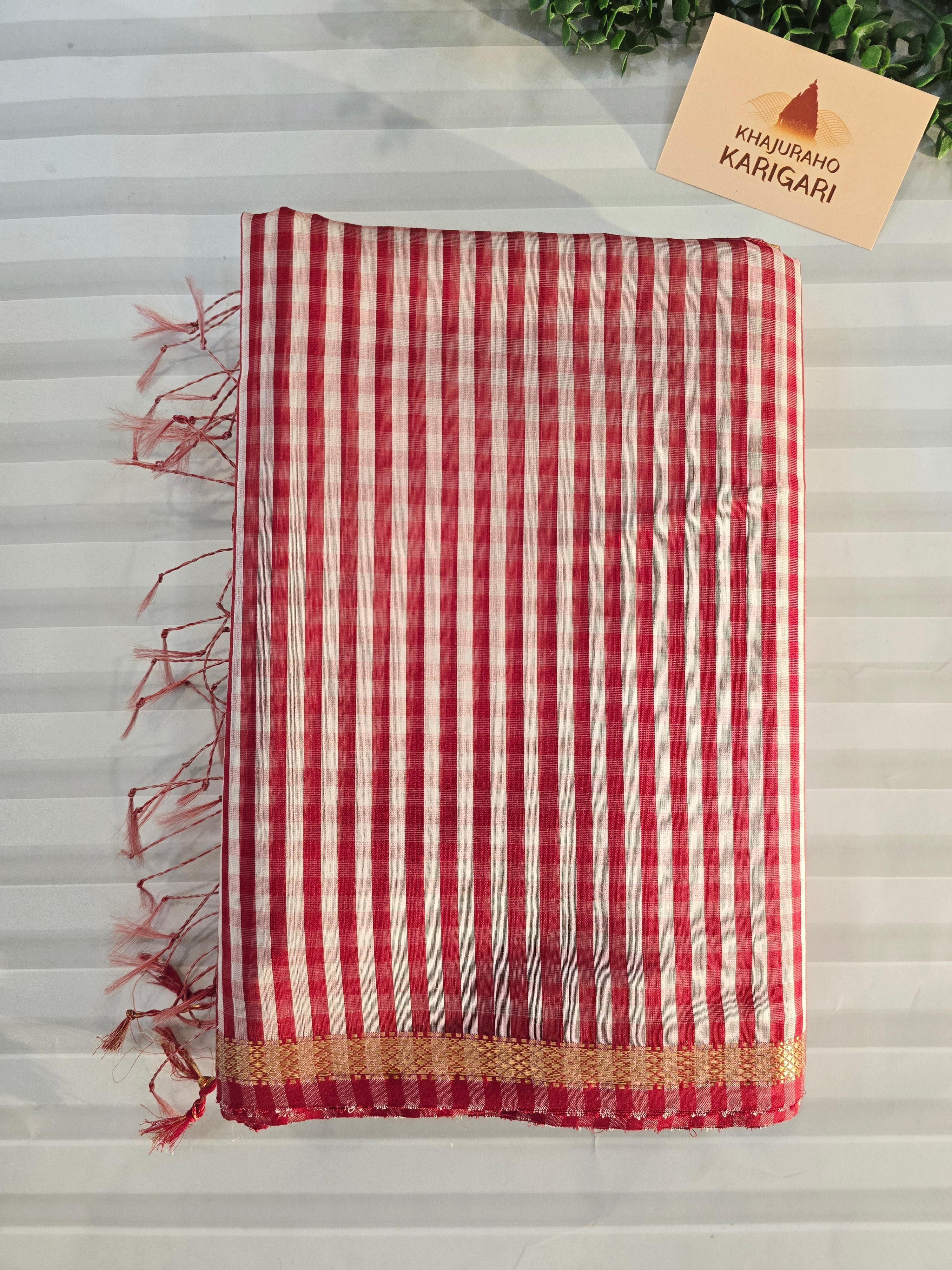 Pure Handwoven Maheshwari Check Saree in Red & White