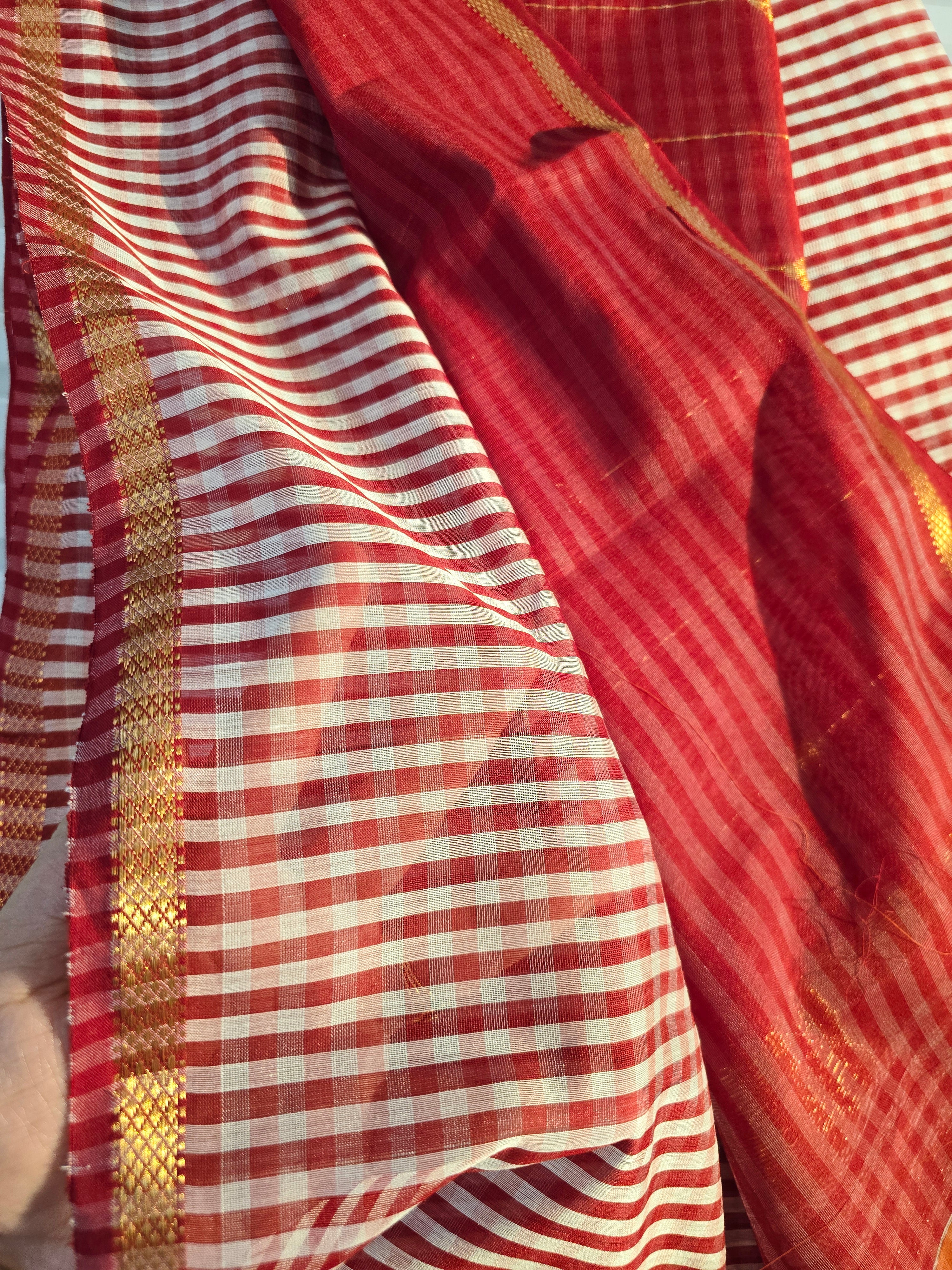 Pure Handwoven Maheshwari Check Saree in Red & White
