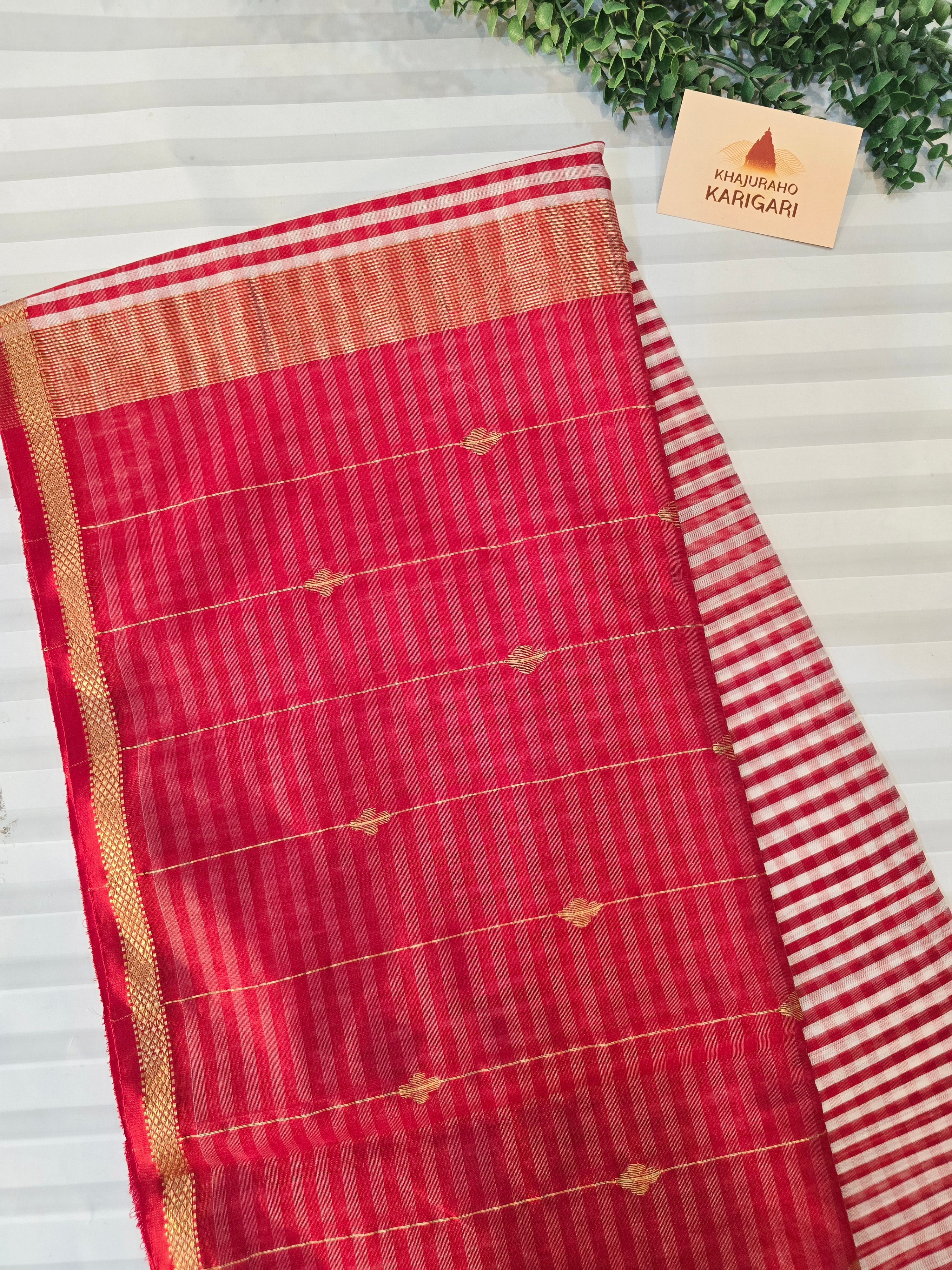 Pure Handwoven Maheshwari Check Saree in Red & White