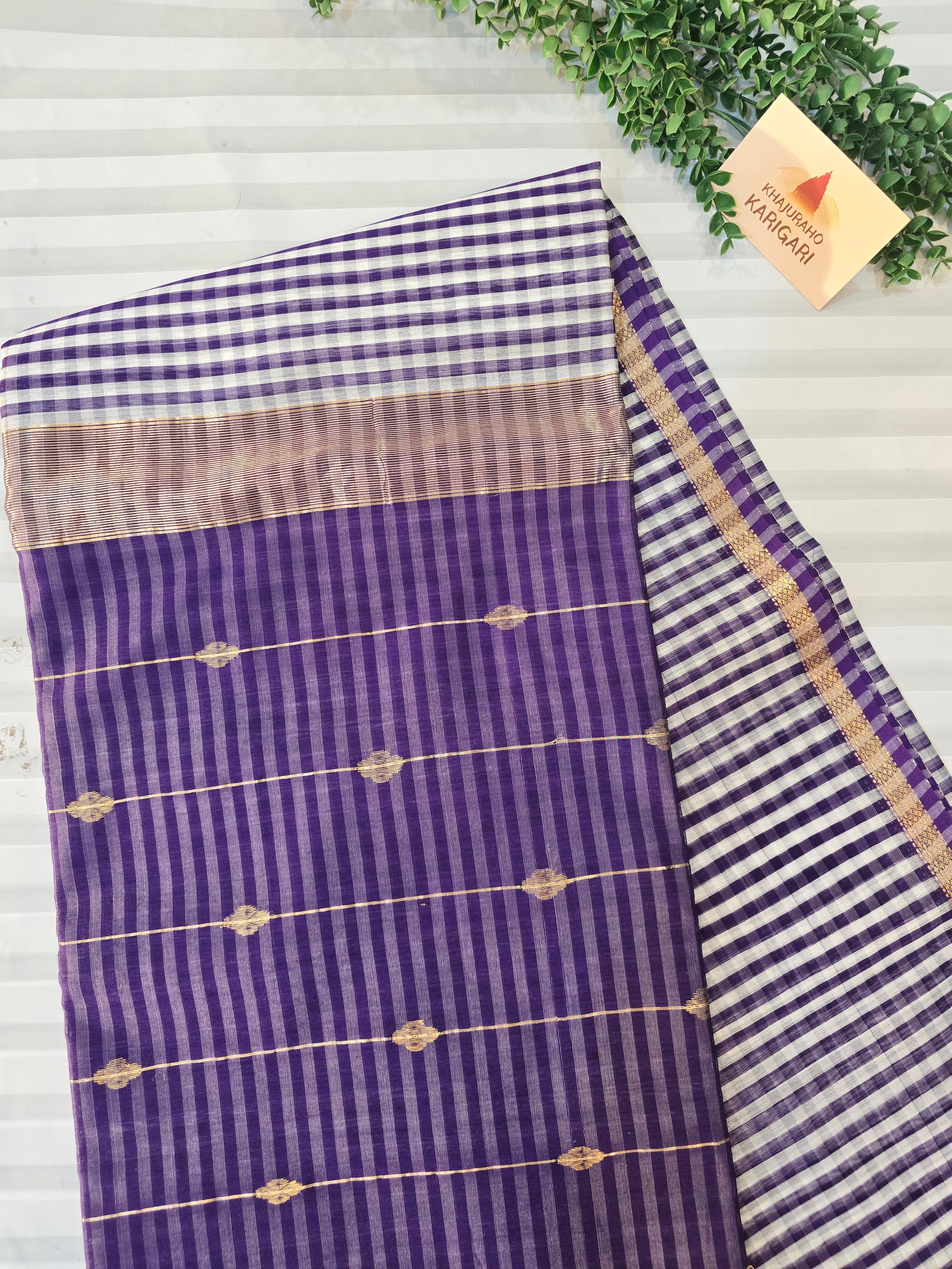 Pure Handwoven Maheshwari Check Saree in Purple & White