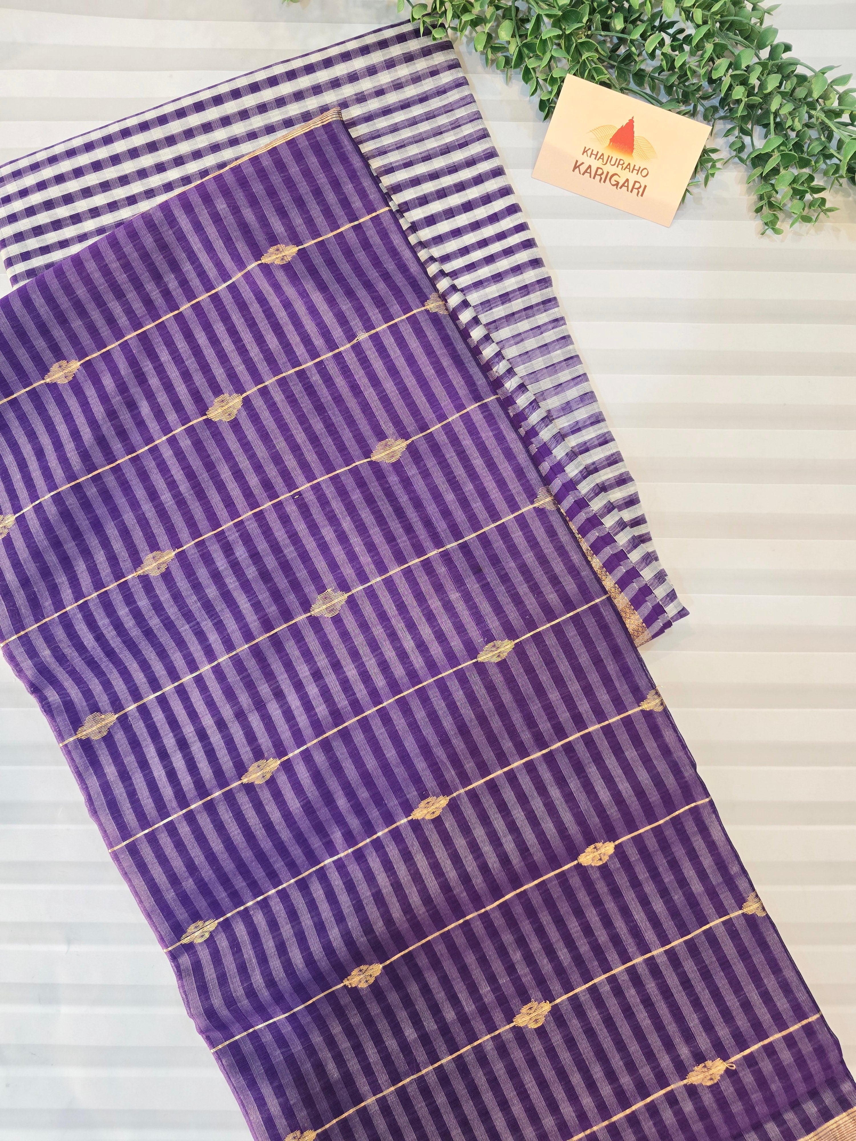 Pure Handwoven Maheshwari Check Saree in Purple & White