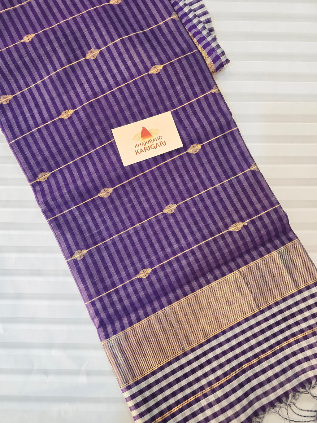 Pure Handwoven Maheshwari Check Saree in Purple & White