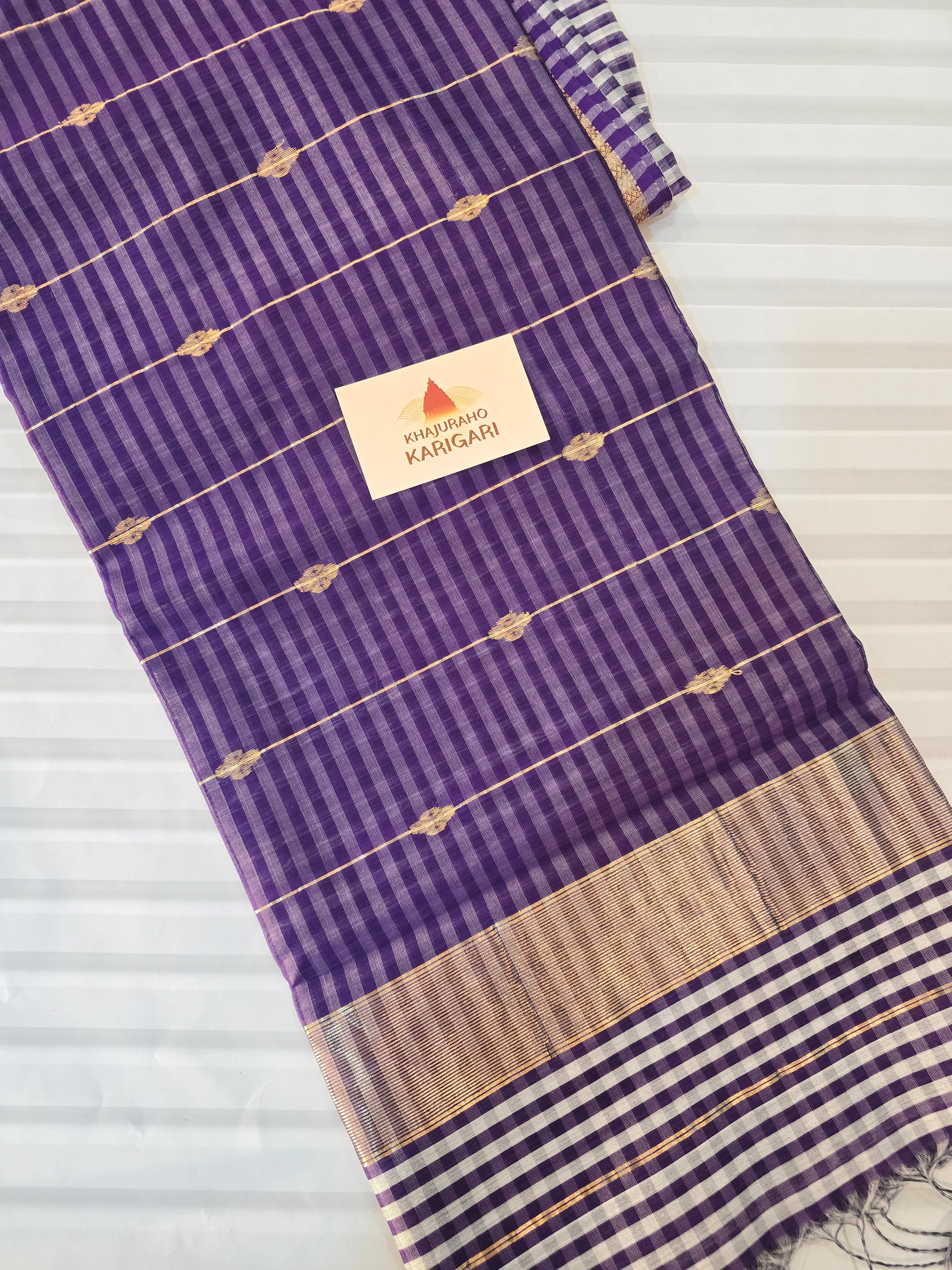 Pure Handwoven Maheshwari Check Saree in Purple & White