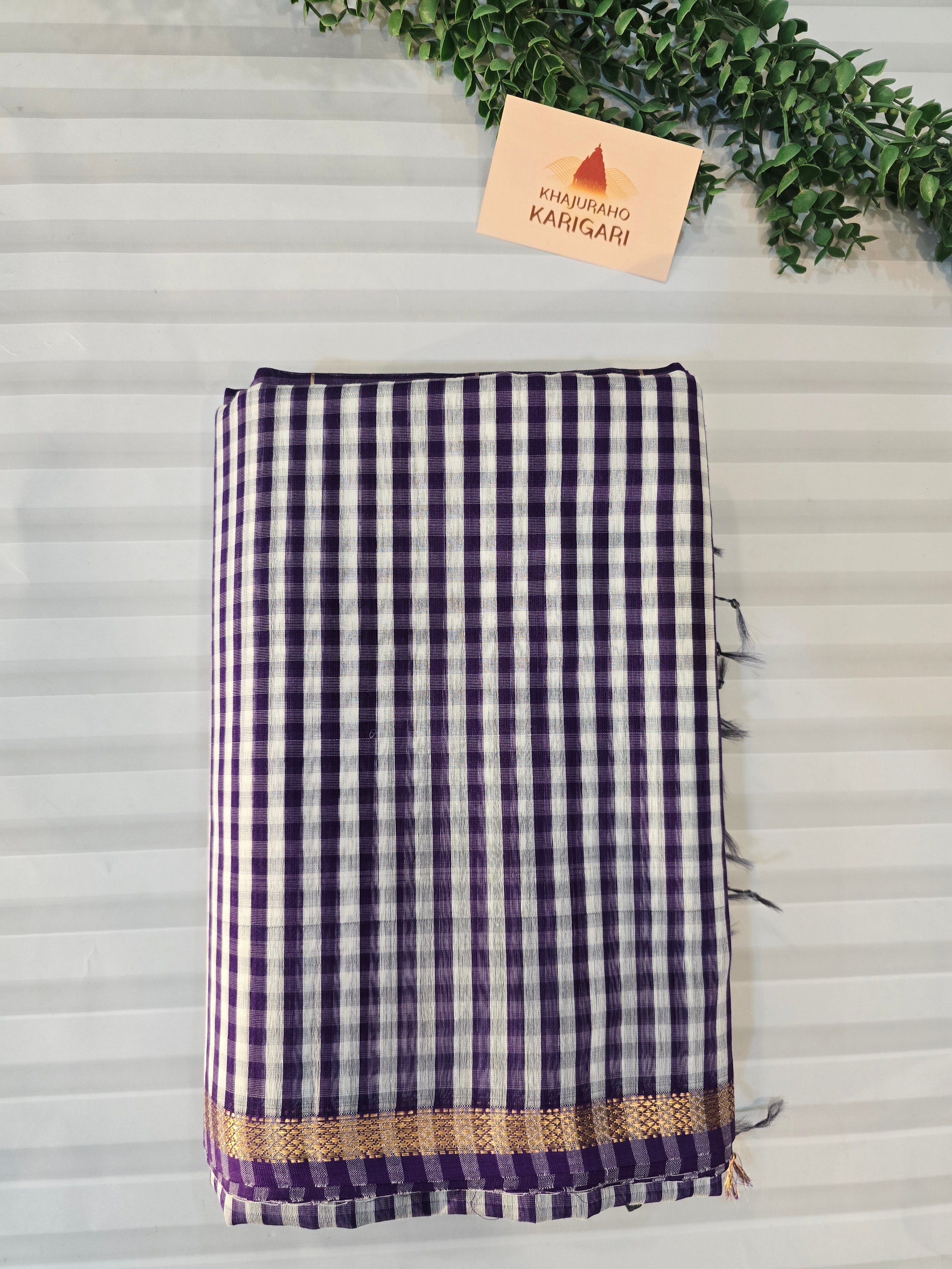 Pure Handwoven Maheshwari Check Saree in Purple & White