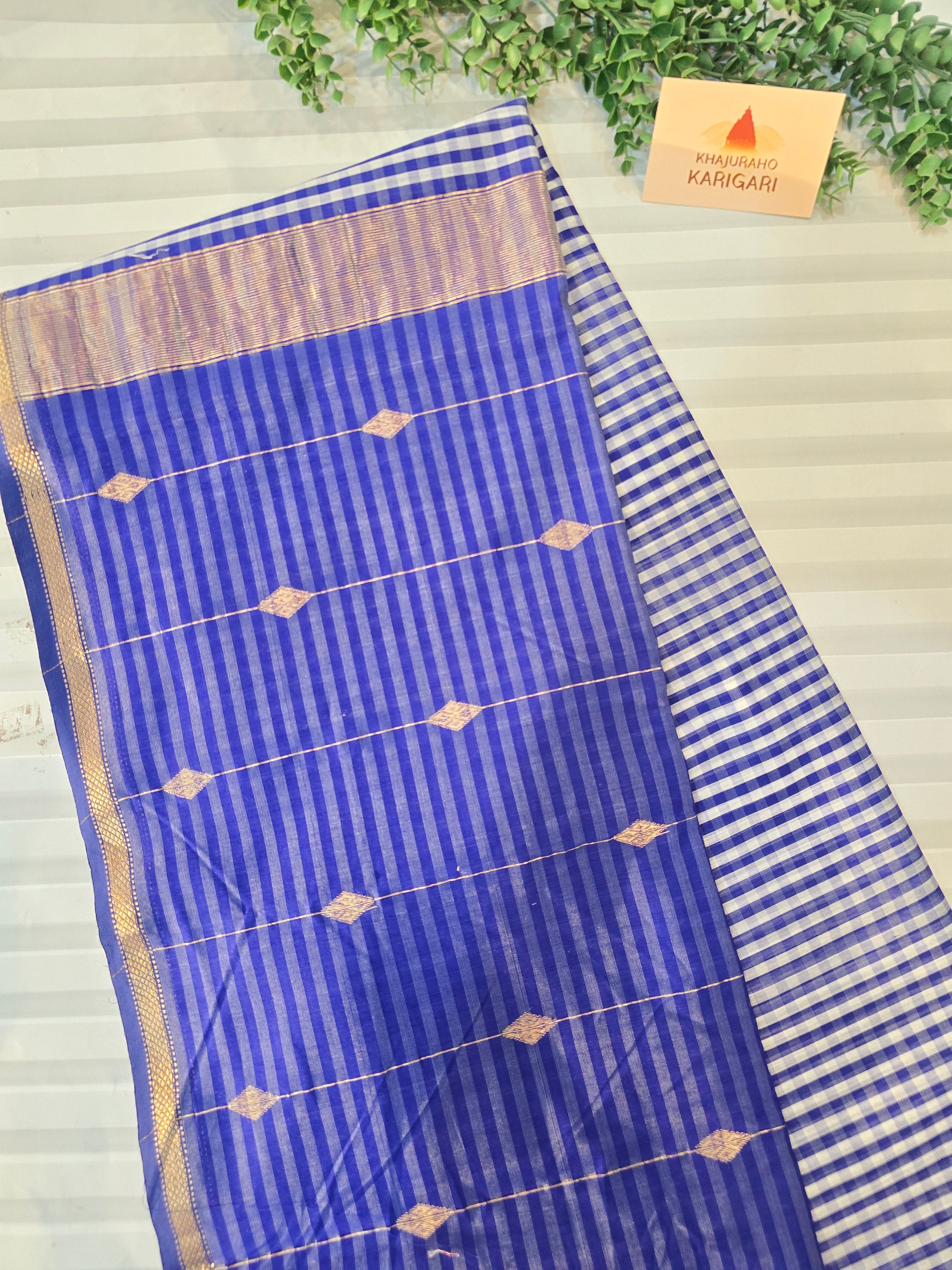 Pure Handwoven Maheshwari Check Saree in Blue & White