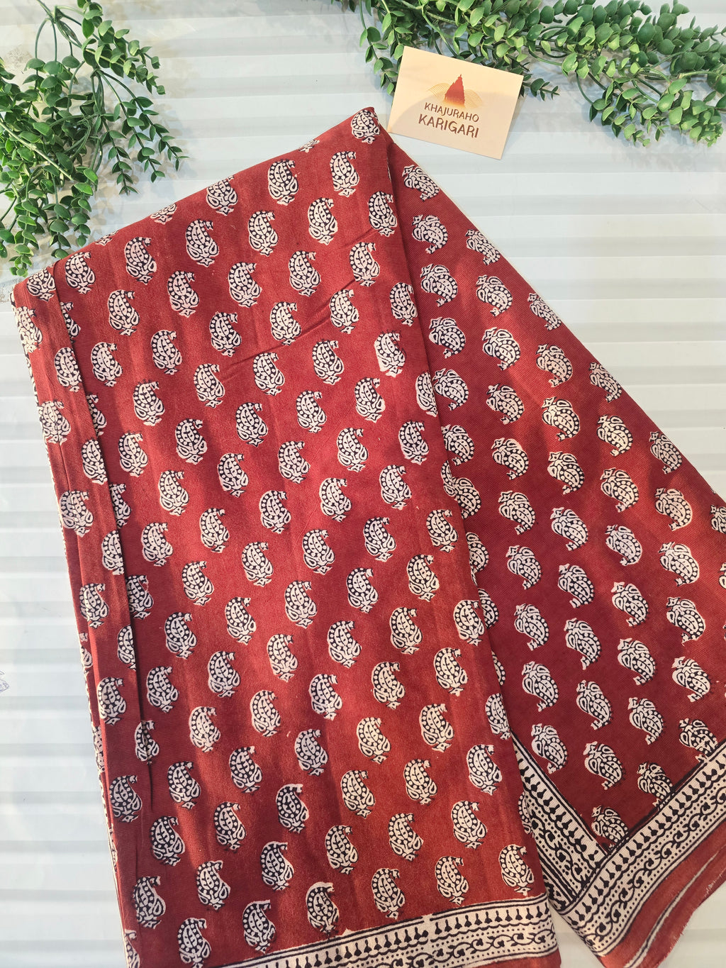 Bagh Hand Block Print Mul Cotton Saree – Rustic Red