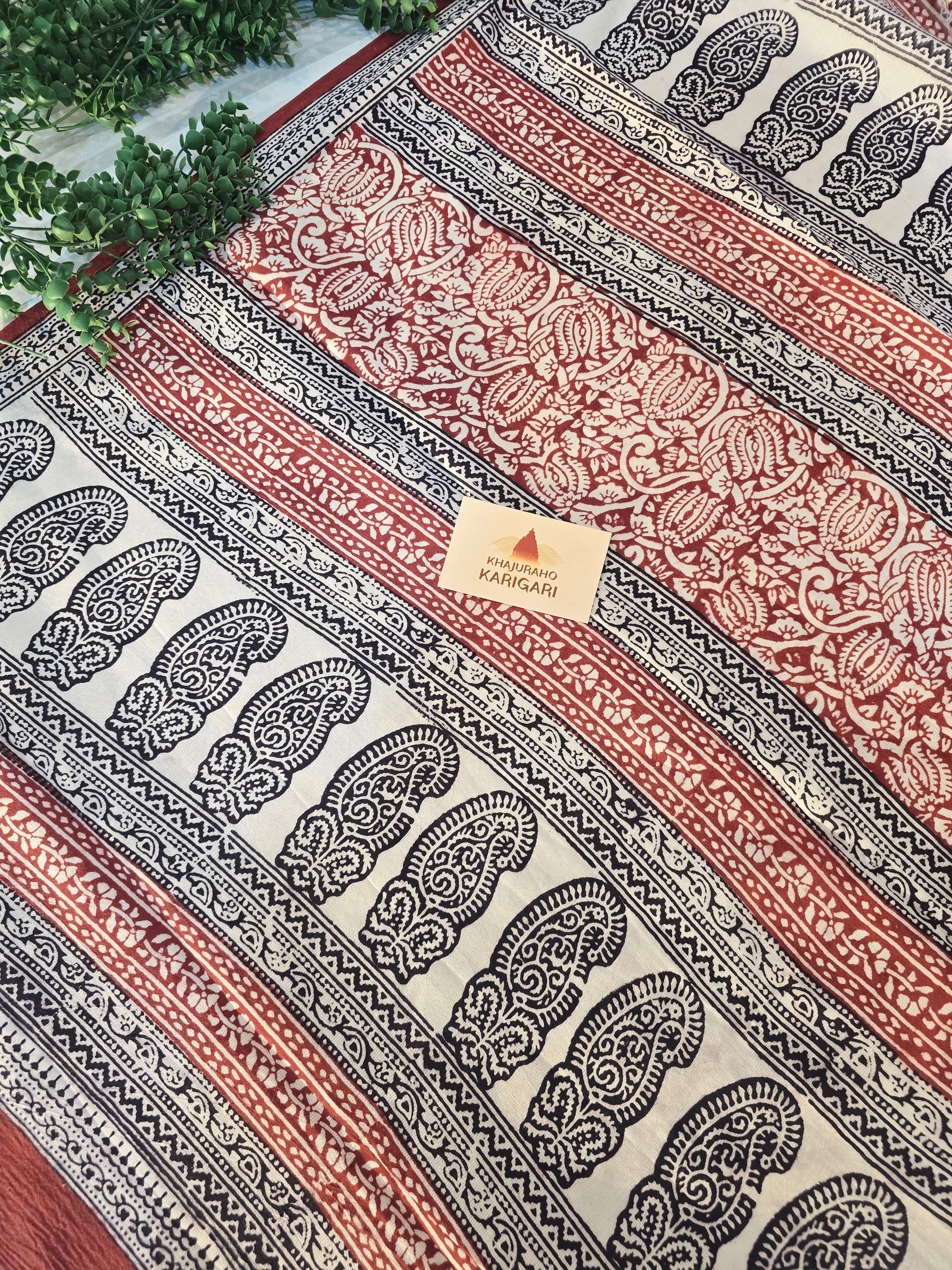 Bagh Hand Block Print Mul Cotton Saree – Rustic Red