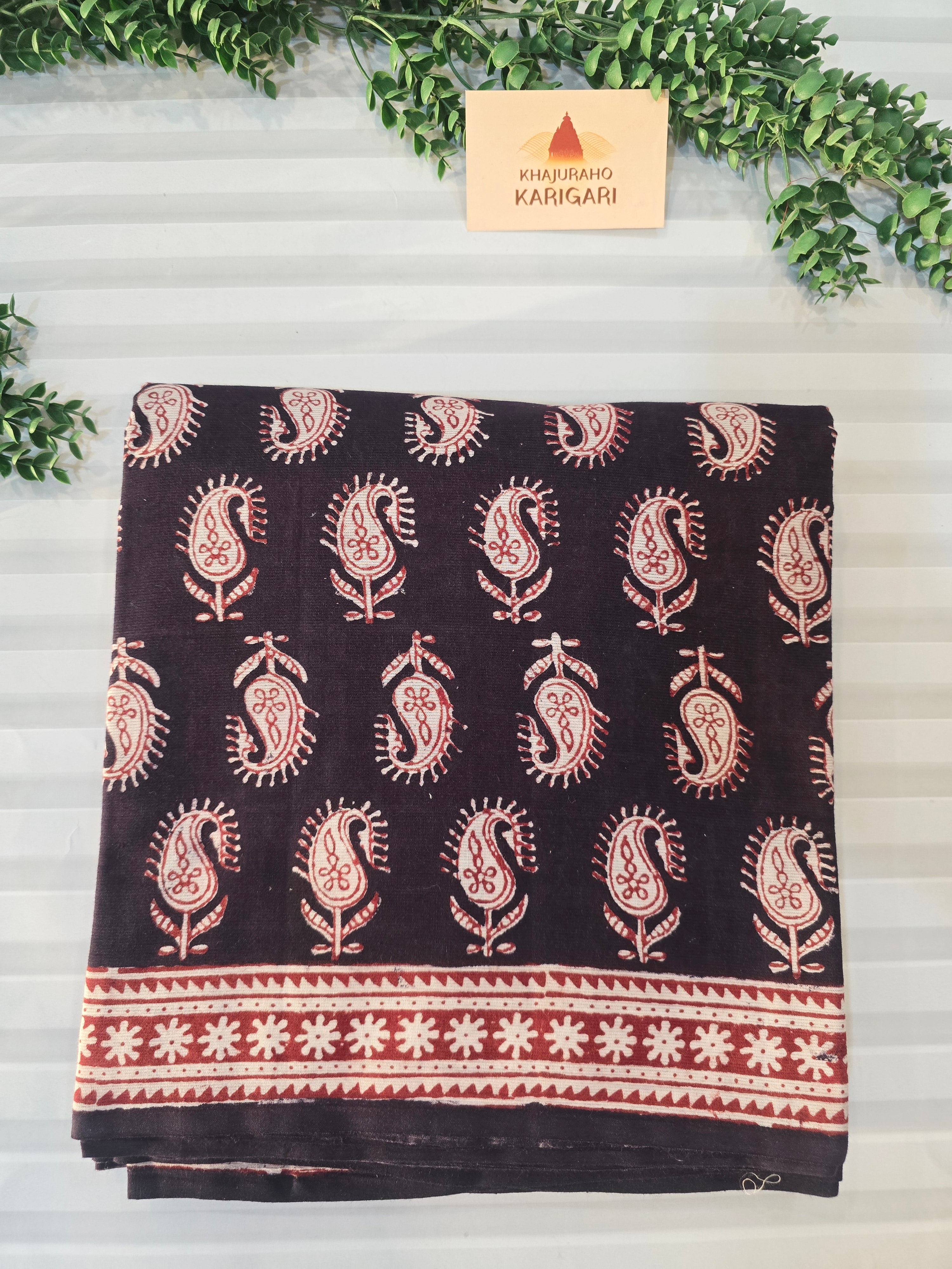 Bagh Hand Block Print Mul Cotton Saree – Black and Red