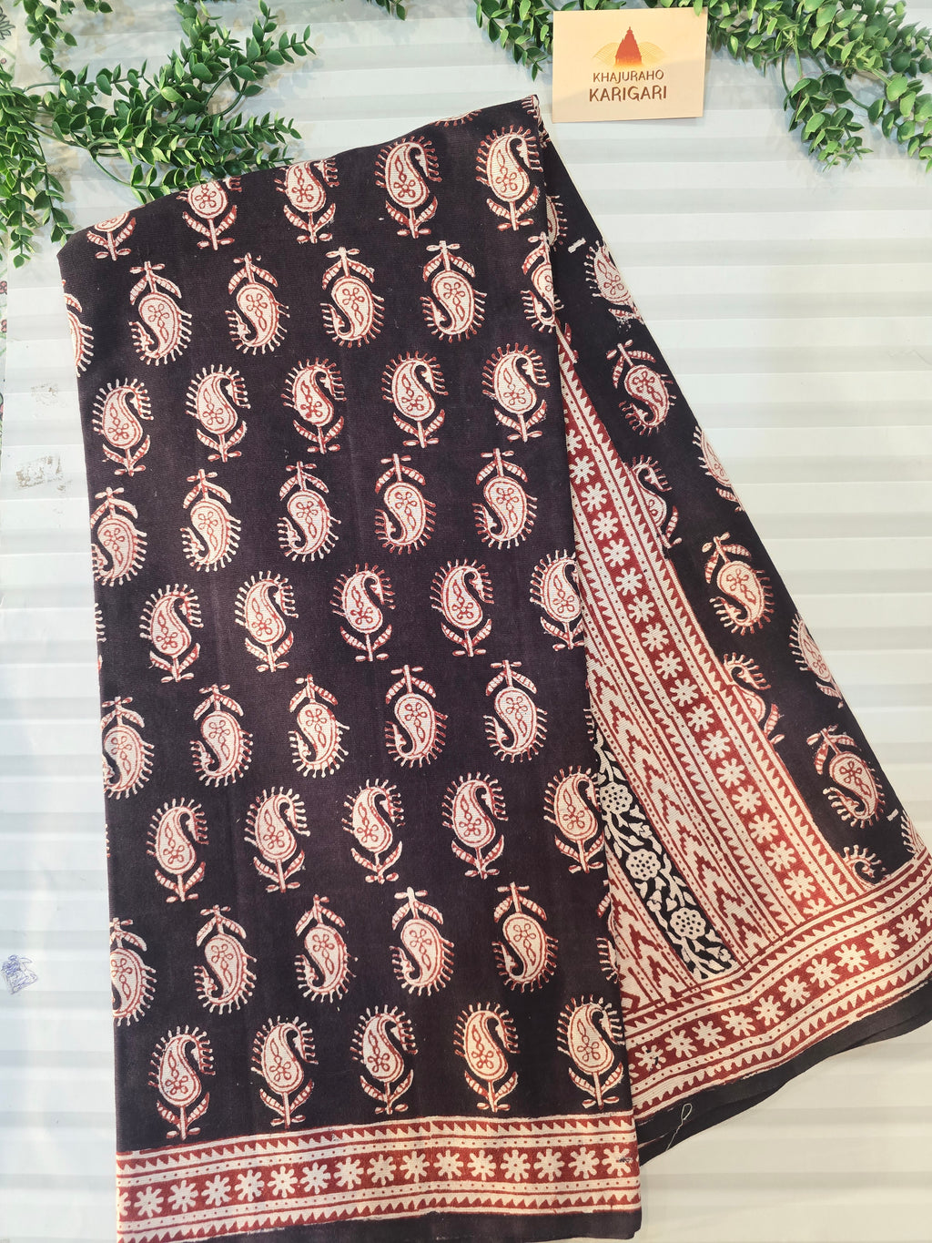 Bagh Hand Block Print Mul Cotton Saree – Black and Red