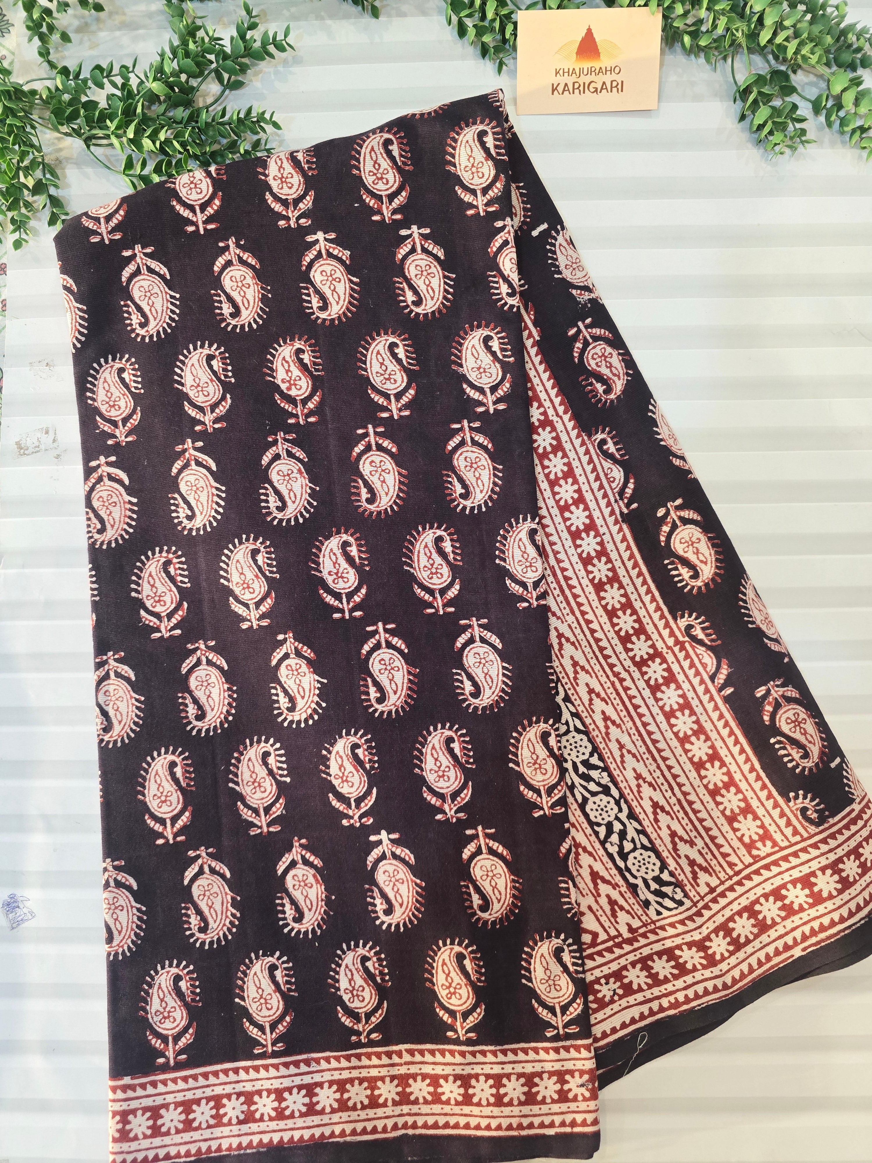 Bagh Hand Block Print Mul Cotton Saree – Black and Red