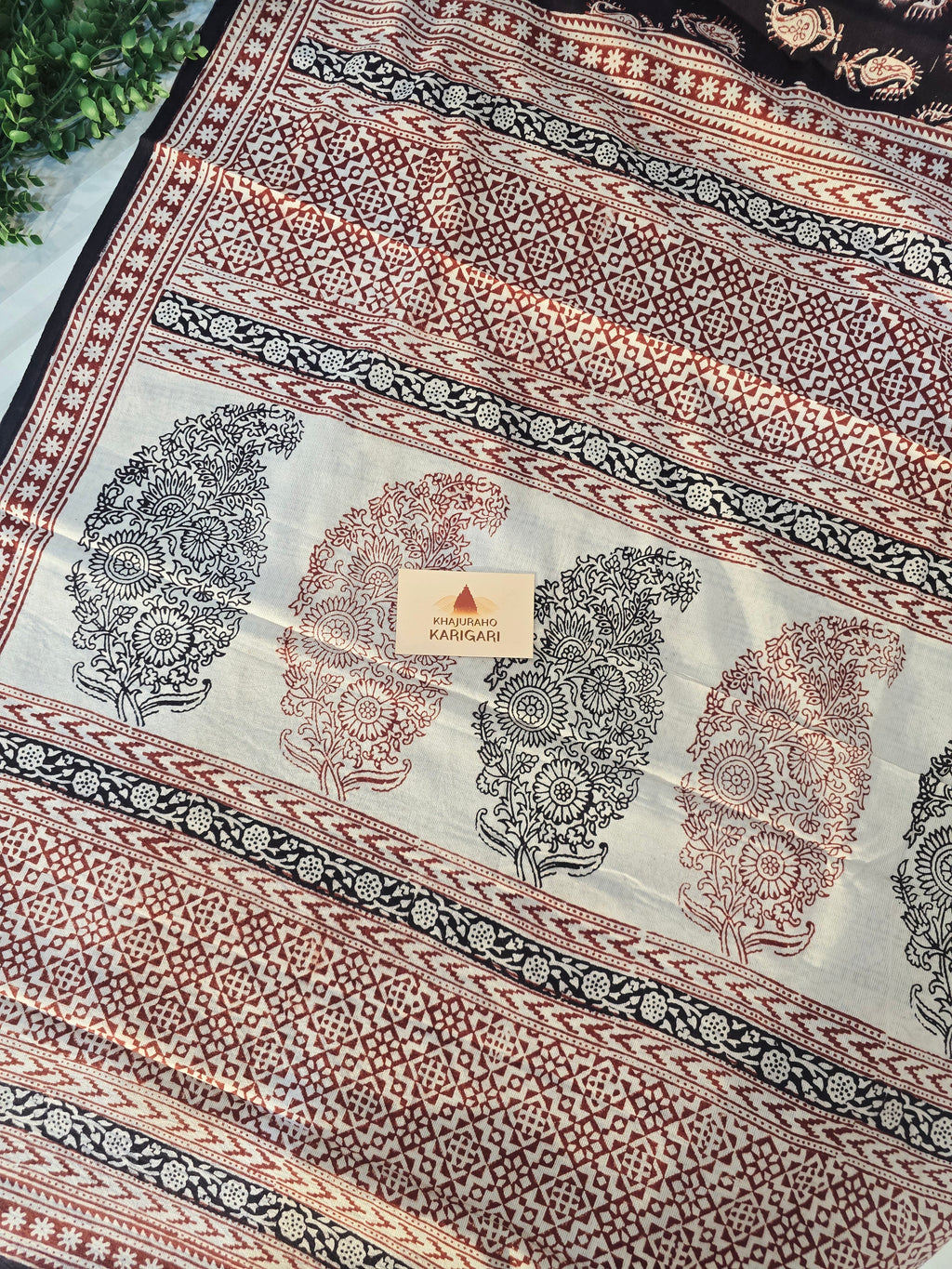 Bagh Hand Block Print Mul Cotton Saree – Black and Red